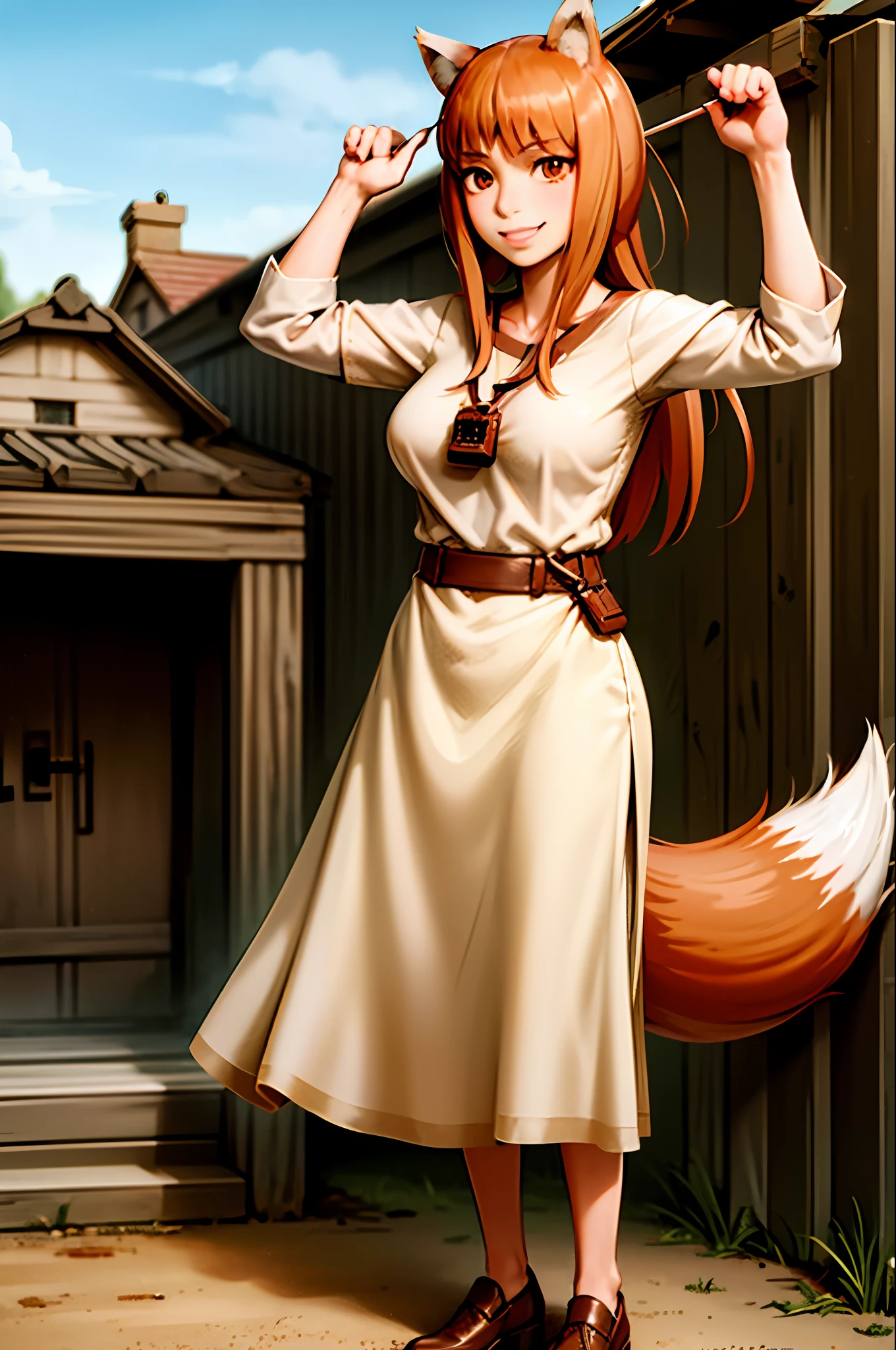 (holo:1.5), (holoBrownDress:1.5), masterpiece, best quality, absurdres, 1girl, looking at viewer, standing, cowboy shot, outdoors, medieval, cobblestone street, town, pouch, sash, smile, fruit, apple, basket,huge breast, curvy