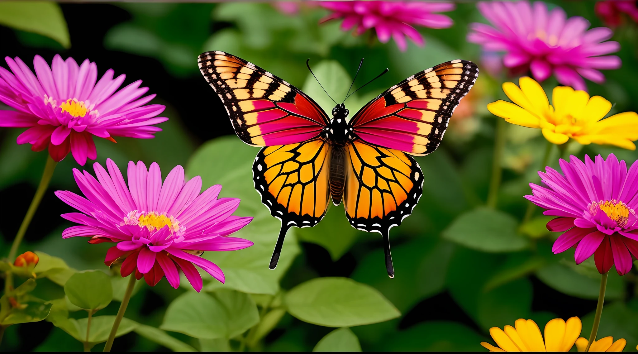 "Imagine a photographic scene that captures the perspective of a butterfly in a garden, with the petals of the flowers turning into a rainbow of colors around you."
