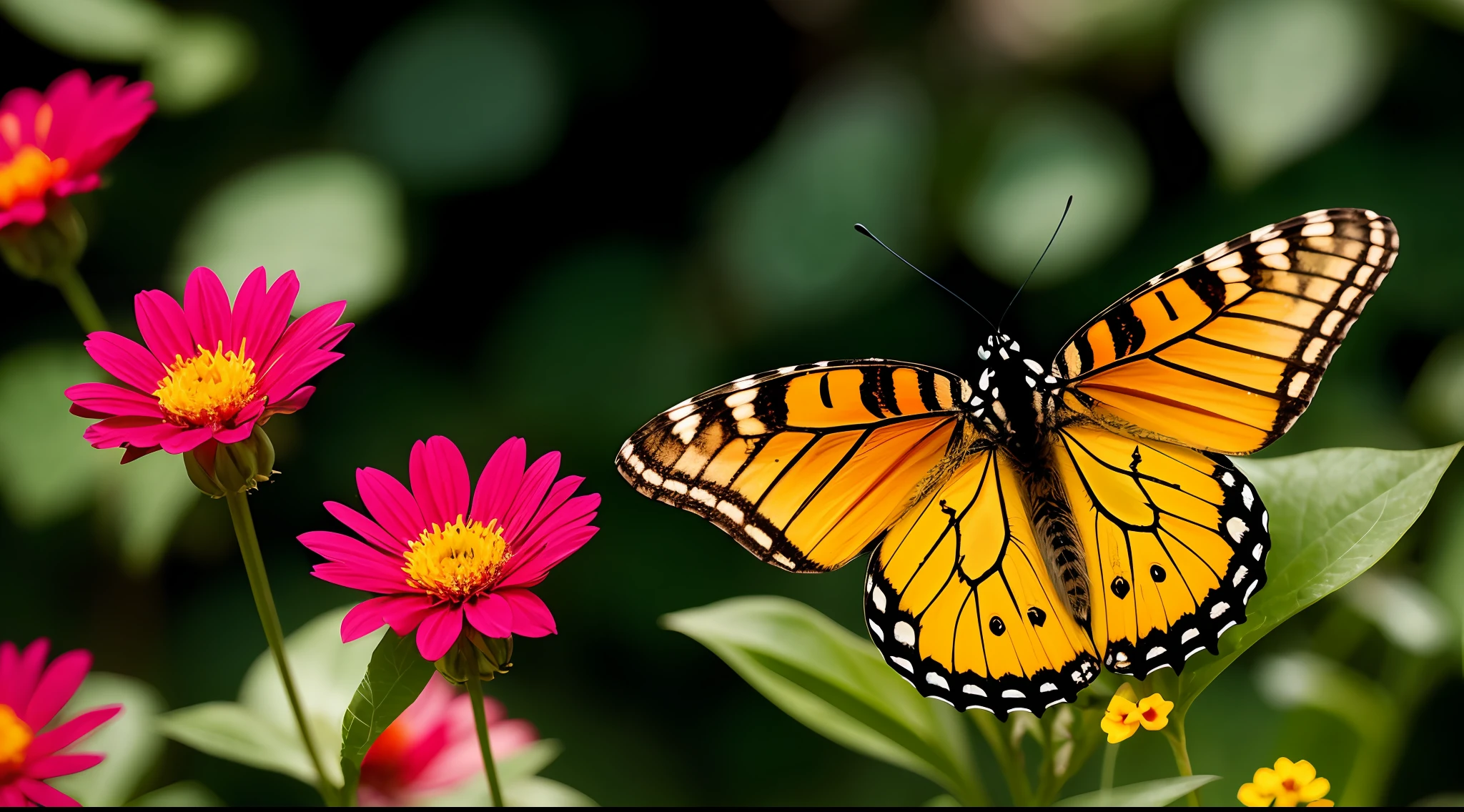 "Imagine a photographic scene that captures the perspective of a butterfly in a garden, with the petals of the flowers turning into a rainbow of colors around you."