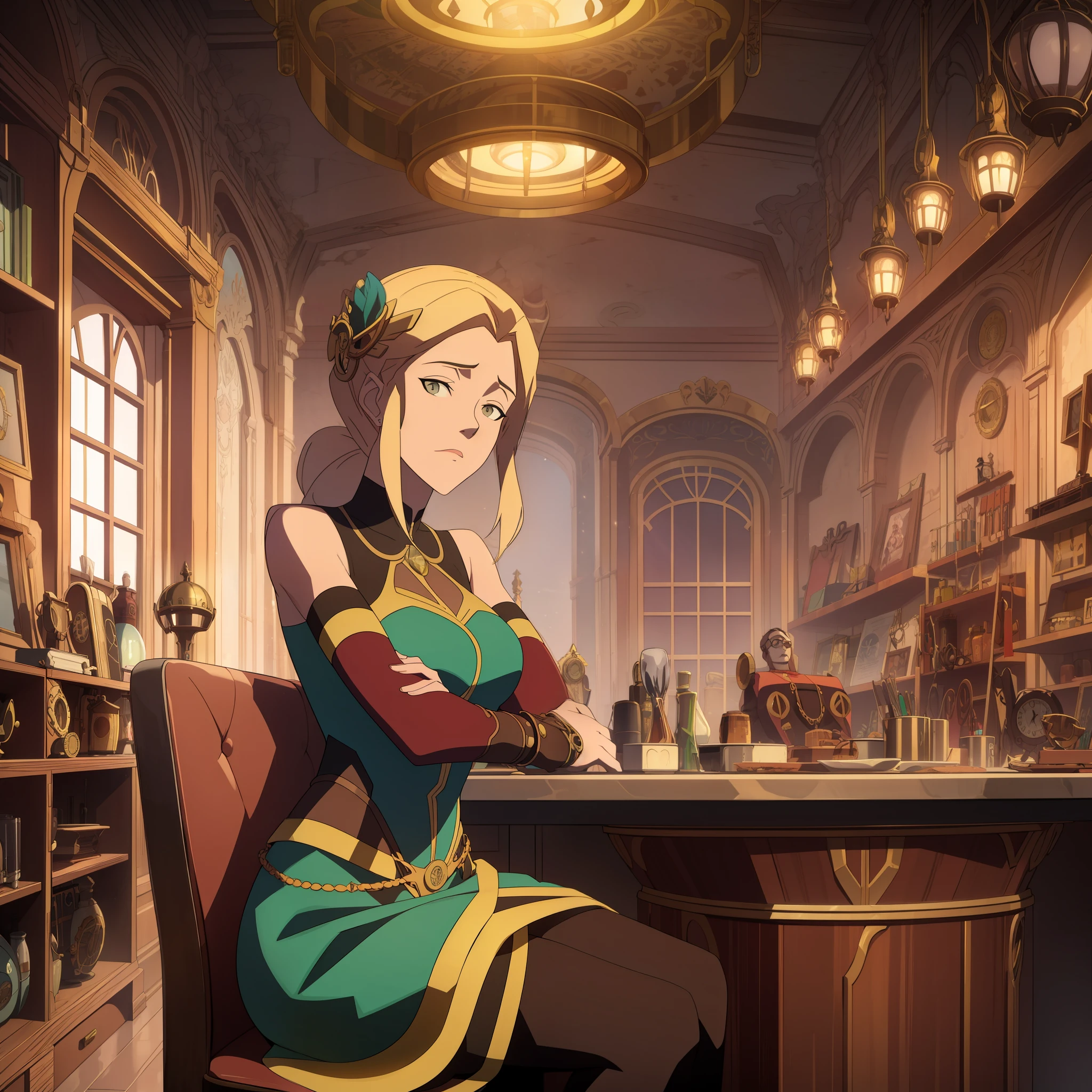 obra prima, melhor qualidade, steampunk, mulher alta, calelos longos e marrons, cartola, vestido com detalhes em dourado, oculos, olhos amarelos, sitting at a counter.
