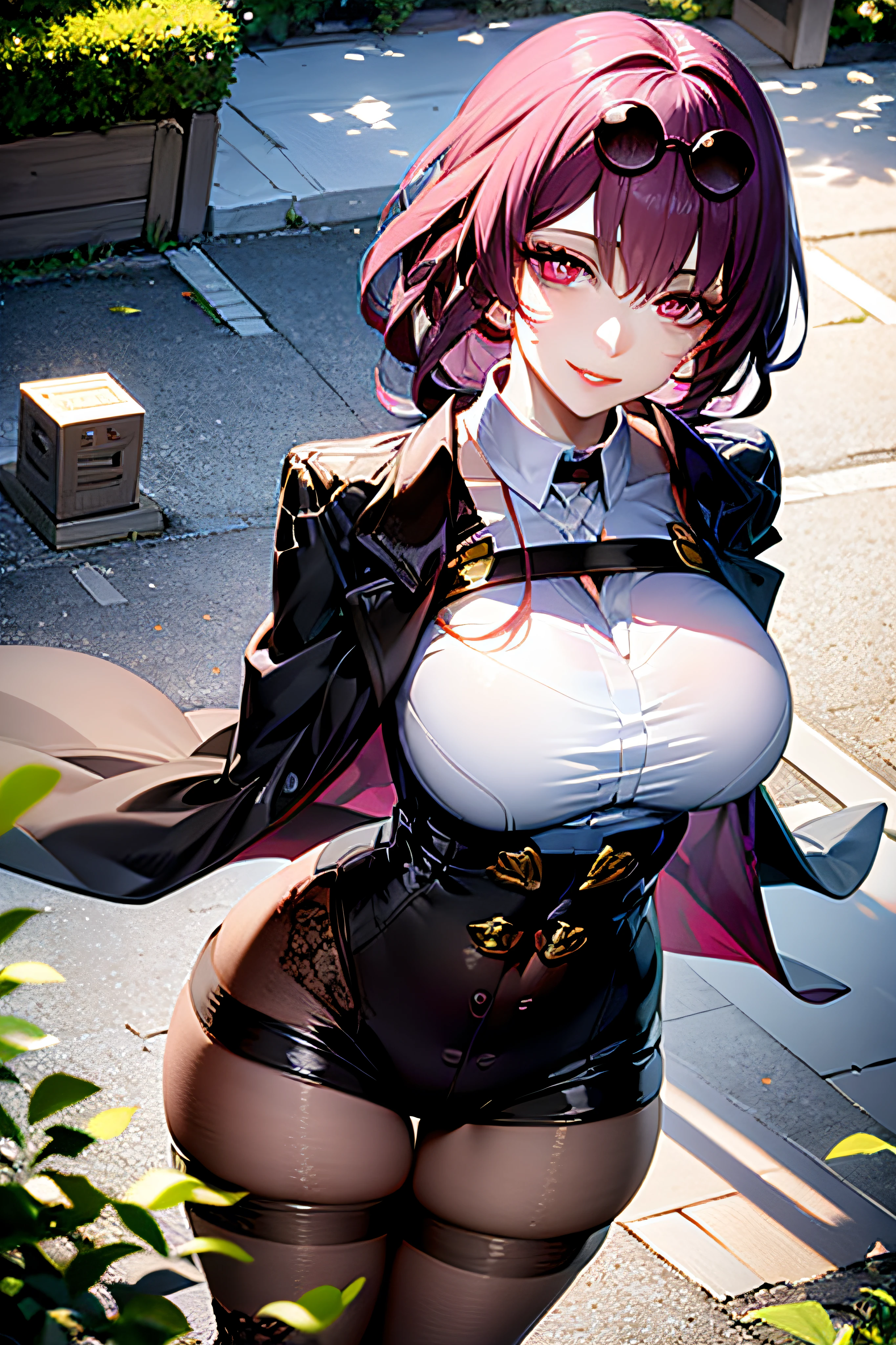 masterpiece, best quality, 1girl, KafkaV4, large breasts, shiny skin, purple hair, shirt, white shirt, jacket, eyewear on head, sunglasses, very long hair, standing, outdoors, night, light city, professional lighting, ((arms behind back)), lace-trimmed legwear, midriff, mature female, closed mouth, smile, ((from above:1.4)), looking at viewer,