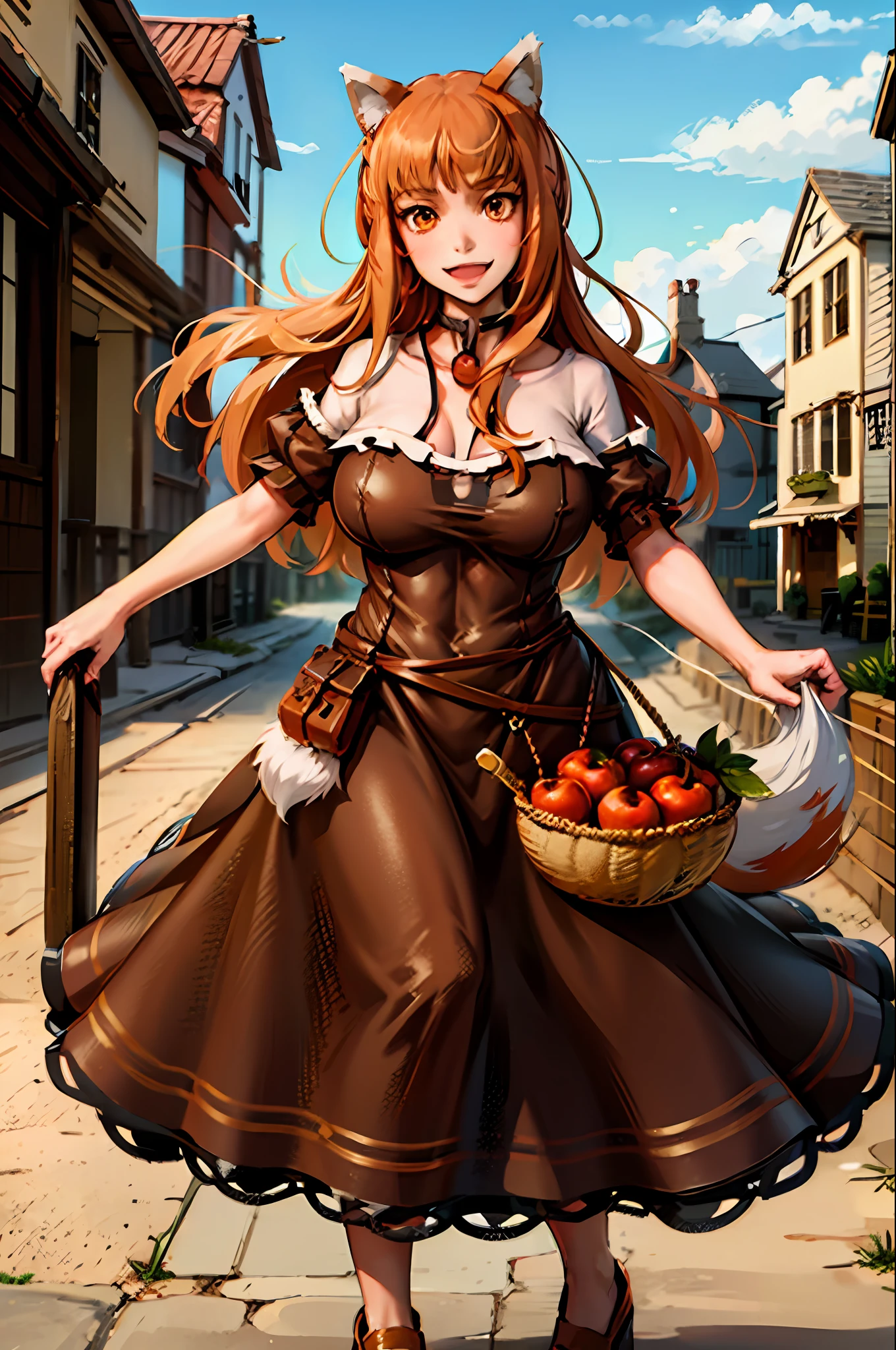 (holo:1.5), (holoBrownDress:1.5), masterpiece, best quality, absurdres, 1girl, looking at viewer, standing, cowboy shot, outdoors, medieval, cobblestone street, town, pouch, sash, smile, fruit, apple, basket,huge breast, curvy