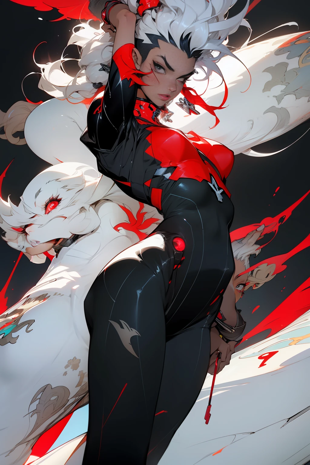 ((Best quality)), ((masterpiece)), (detailed: 1.4), (Absurd), 9full body0, muscular woman of 35 years, dark blue synthetic body, hot woman, sculptural body with defined muscles, closed mouth, muscular body wearing a micro thong, whole body covered by very dark blue clothes almost black neon style Genesis Evangelion, (((large breasts)), erect breasts, (((white mohawk hair))), (((graphic drawings of red flames covering the body))),  very long black eyelashes, heavy eye makeup, by mucha, niji --V5, near the real, psychopath, crazy face, sexy pose, 2-piece clothing, pastel, centered, scale to suit the dimensions