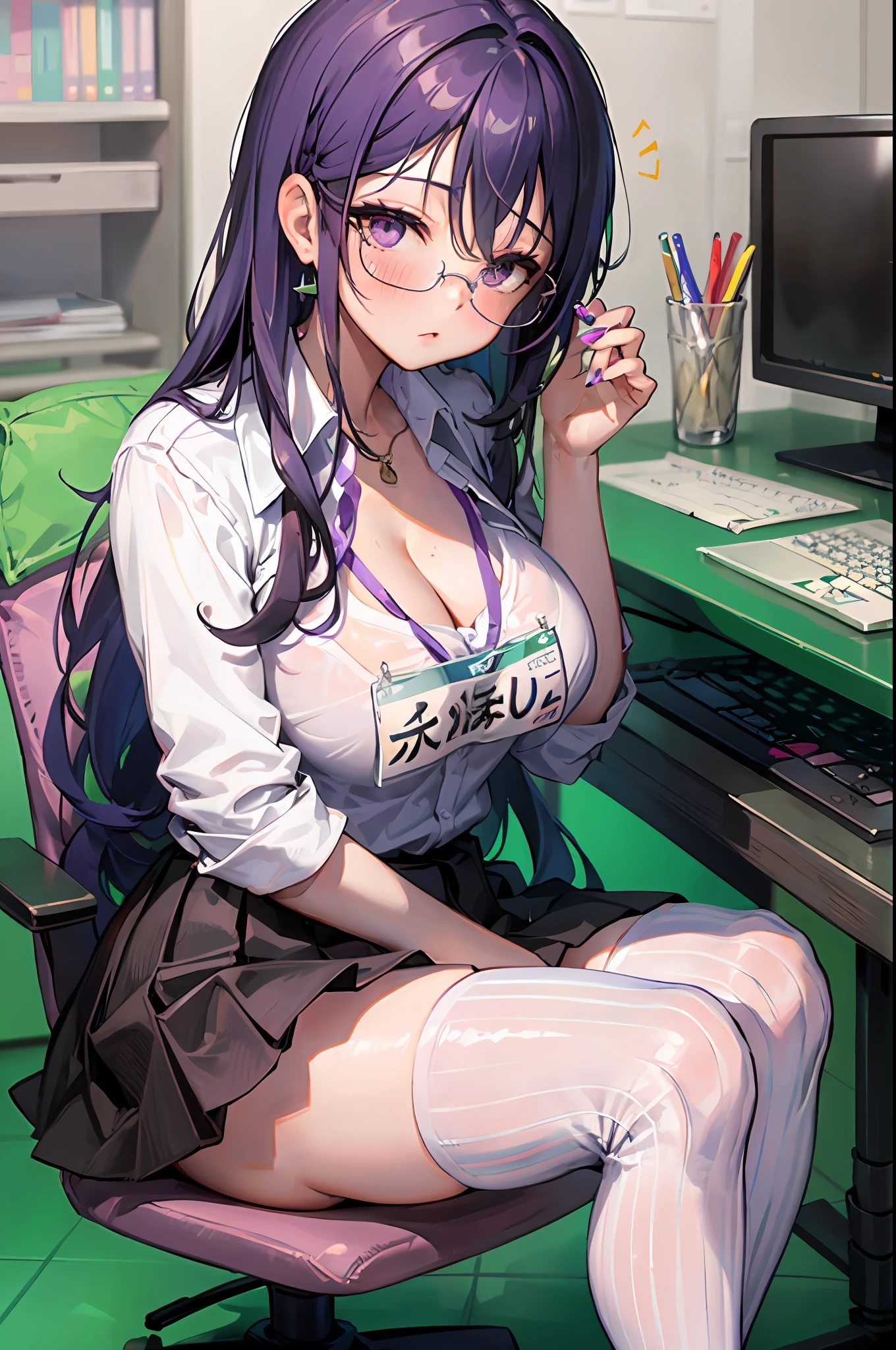 Kafka, 1girl, solo, ((white shirt)), black thighhighs, breasts, cleavage, uniform, office background, black skirt, pleated skirt, office, hair between eyes, sunglass on head, large breasts, long hair, looking at viewer, purple hair, purple short nails, purple eyes, solo, thighhighs, thighs, long hair, ((masterpiece)), sitting, chair, desk, computer on desk, name tag, id tag, indoor, blush, sexy pose,