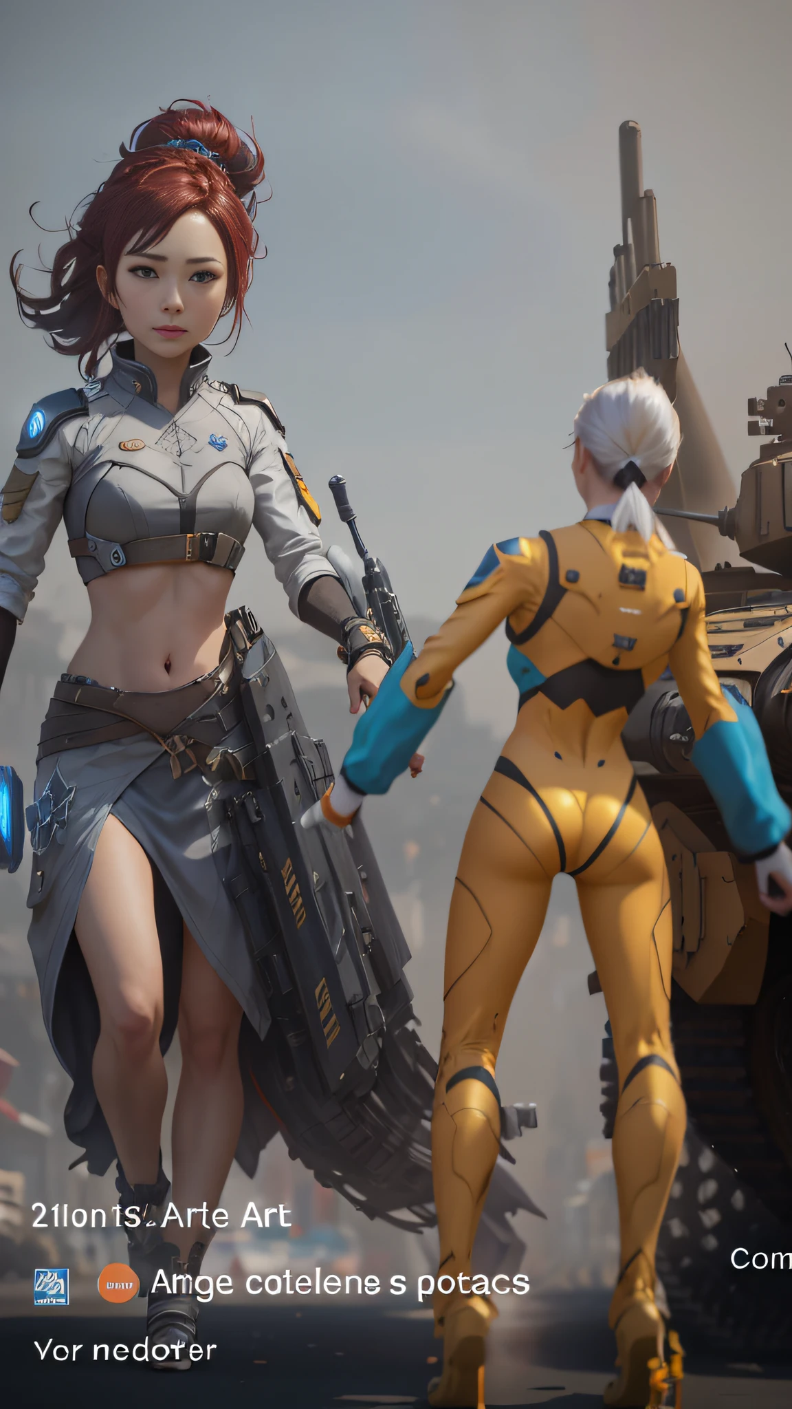 there are two women in futuristic costumes standing next to a tank, CGSetivity 8K, CGSetalidade 8K, CGSetivity 8K, Octane CGsociety, Krenz Cushart e Wenjun Lin, octane trending on cgsociety, Obra-prima da CGSOCIETY, cinematic cgsociety, Wlop e Krenz Cushart, 3 d render arte do caractere 8 k