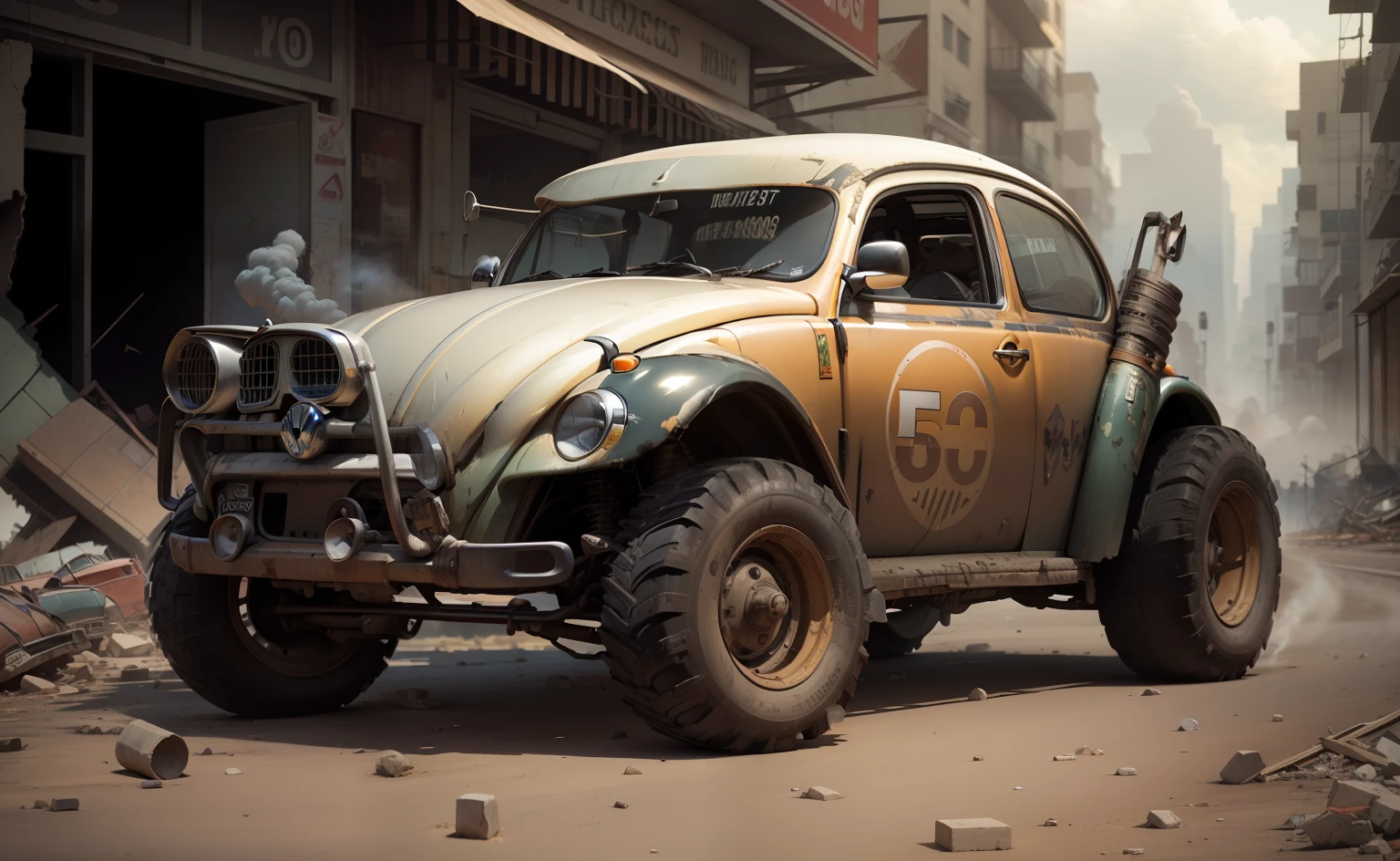 Volkswagen beetle preto dirige por uma estrada deserta. The sky is dark and overcast, and the air is full of dust and smoke. The car is scratched and dented, and the glasses are broken. The driver is alone in the car, And he's looking down the road with a look of determination. The car passes through a city in ruins. The buildings are in ruins, and the streets are littered with rubble. O carro continua a dirigir, and the driver never looks back. --auto