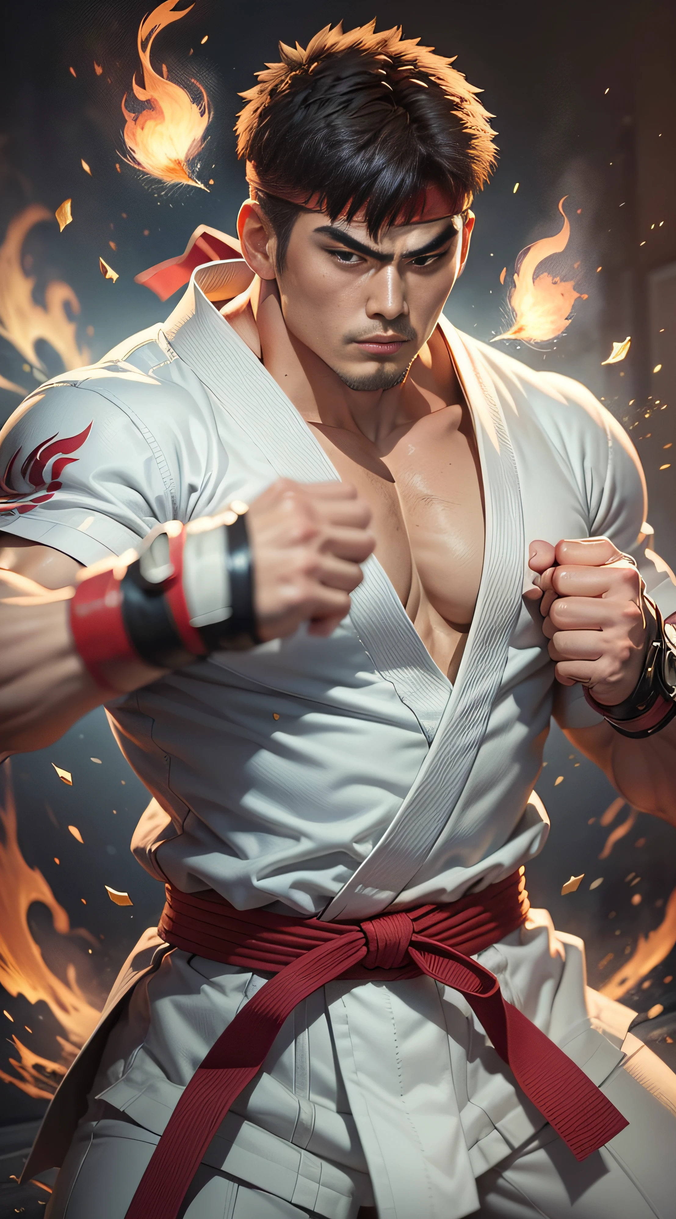 Ryu is a character in the Street Fighter fighting game series. He is a Japanese wrestler with short dark hair. He wears a white kimono with a red belt at the waist and red karate gloves.. He also has a black band on his head. Ryu is known for his fighting style focused on martial arts moves and for his ability to throw fireballs
