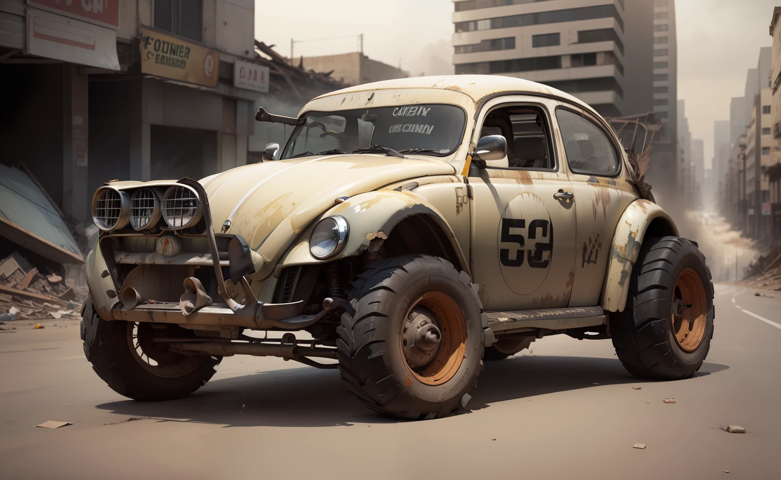 Volkswagen beetle preto dirige por uma estrada deserta. The sky is dark and overcast, and the air is full of dust and smoke. The car is scratched and dented, and the glasses are broken. The driver is alone in the car, And he's looking down the road with a look of determination. The car passes through a city in ruins. The buildings are in ruins, and the streets are littered with rubble. O carro continua a dirigir, and the driver never looks back. --auto