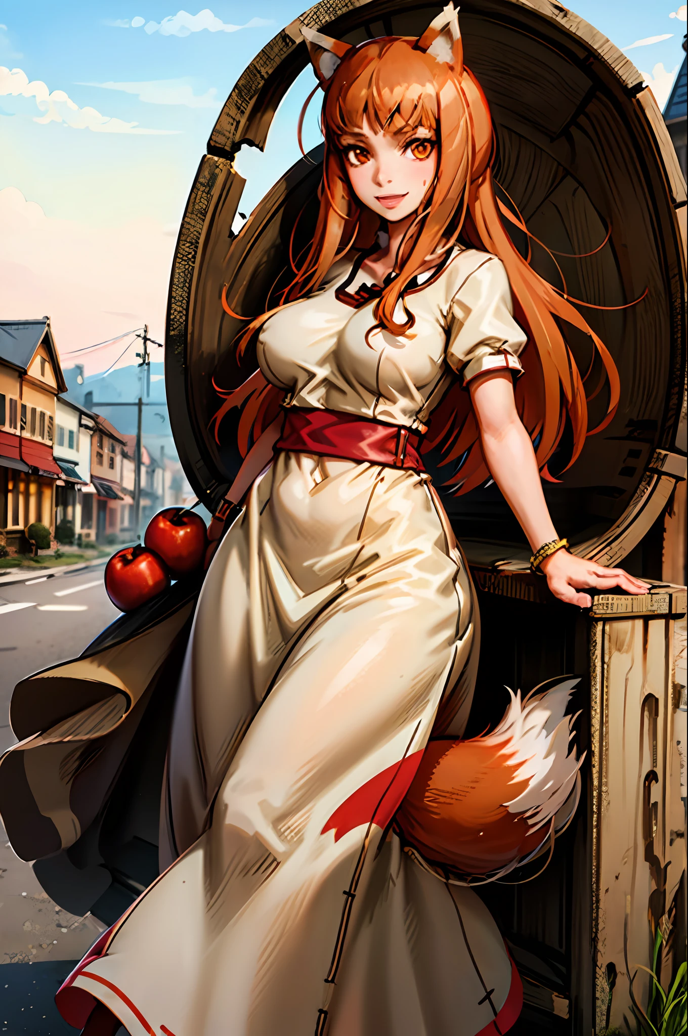 (holo:1.5), (holoBrownDress:1.5), masterpiece, best quality, absurdres, 1girl, looking at viewer, standing, cowboy shot, outdoors, medieval, cobblestone street, town, pouch, sash, smile, fruit, apple, basket,huge breast, curvy