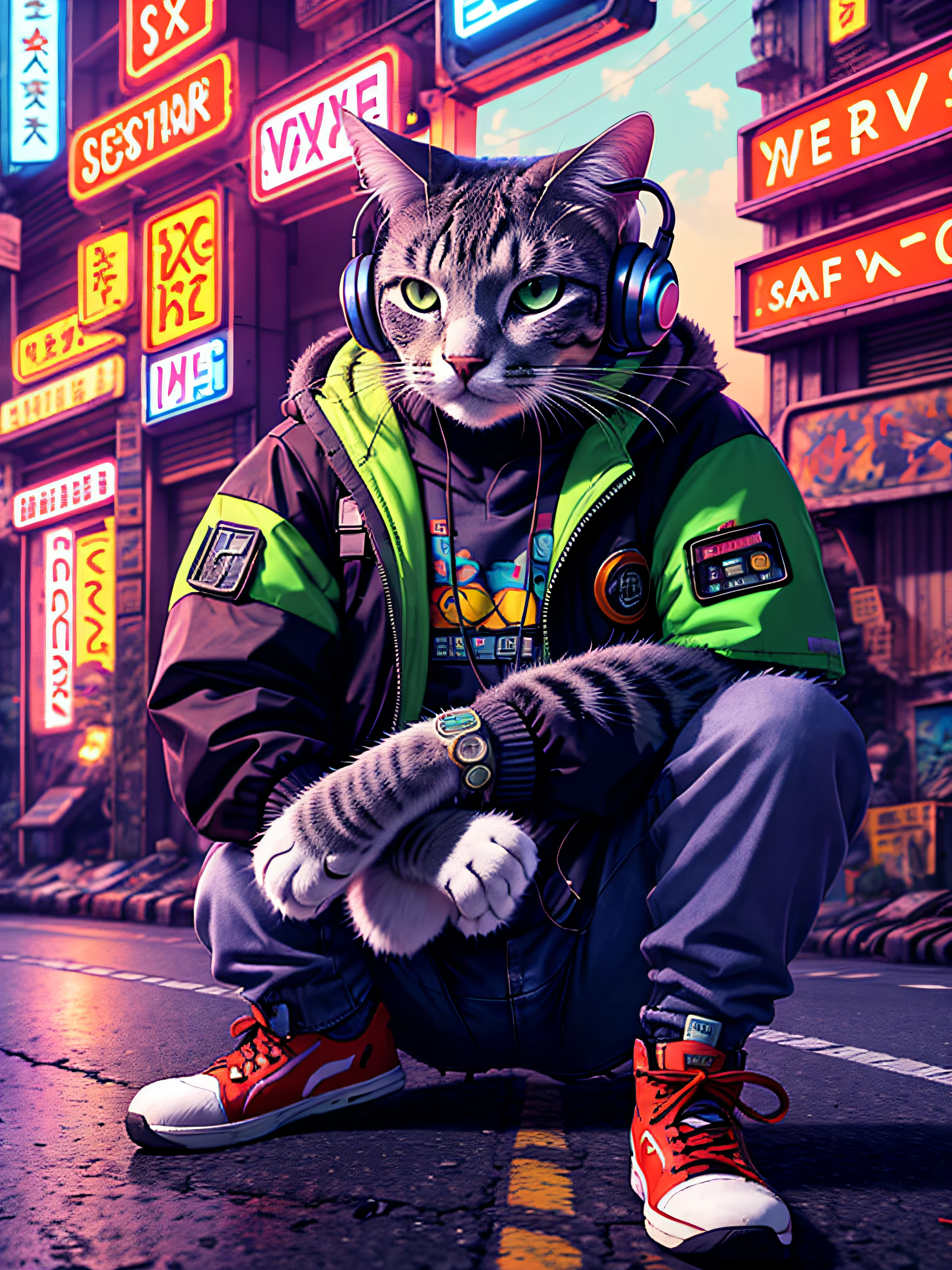 An anthropomorphic cat with headphones and a jacket is sitting in the middle of a road, Cyberpunk and post-Soviet modernism-themed style. Close view, neon lights., Pop art, Pixar, Three-sided view, UHD, anatomicamente correto, pele texturizada, super detalhe, alta qualidade, 4K