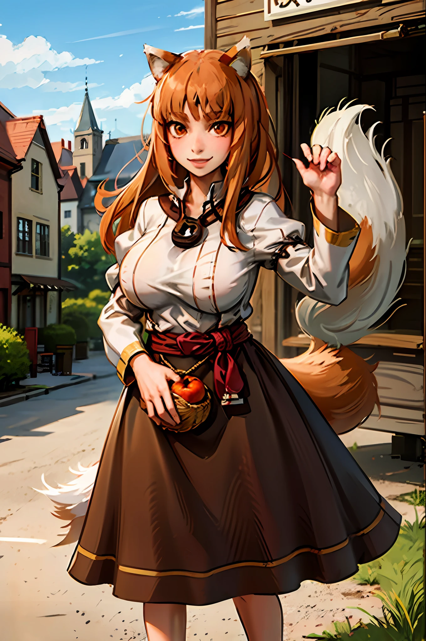 (holo:1.5), (holoBrownDress:1.5), masterpiece, best quality, absurdres, 1girl, looking at viewer, standing, cowboy shot, outdoors, medieval, cobblestone street, town, pouch, sash, smile, fruit, apple, basket,huge breast, curvy