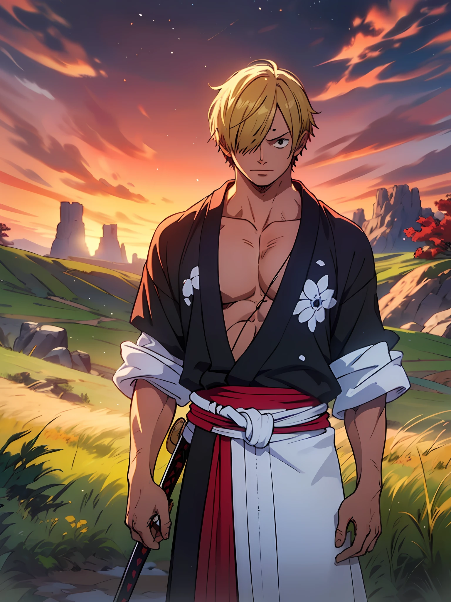 Sanji (Masterpiece, 4k resolution, ultrarrealista | |, Very detailed), (Tema samurai branco, Charismatic, there is a swordsman next to a Japanese "Isakaya" barra, vestindo um quimono amarelo com detalhes de nuvens no "Obi" fita, he is commander of the leader of the mugiwara band, trabalho "one piece"), [ ((21 anos), (cabelos amarelos grandes:1.2), (cabelo caindo sobre o olho direito)), corpo inteiro, (olhos azuis:1.2), ((Uma pose de Sanji), ((Japanese rural environment):0.8)| (paisagem rural, ao entardecer, dynamic lights), (ofuscamento solar)) # Explanation: Prompt mainly describes a 4k ultra-high definition painting, very realistic, muito detalhado. The male protagonist has medium yellow hair covering his eye and is 21 years old.