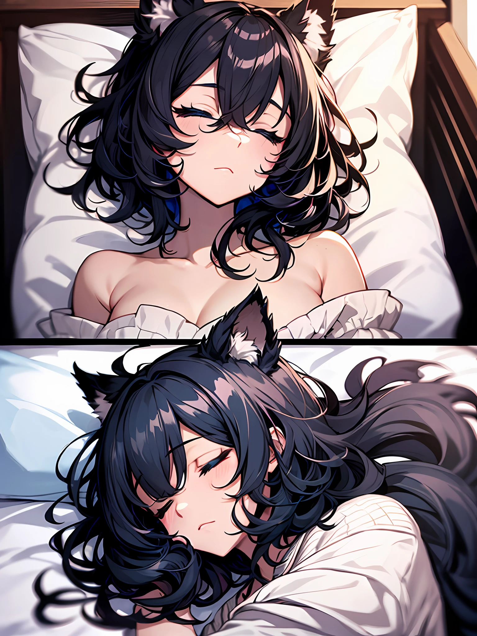 ((最好质量))、((巨作))、((ultra-definition))、(illutst)、(Fine light)、(Extremely delicate and beautiful)、(((独奏)))、a 1 girl、(((a beautifulchi girl) )))、((Best Quality, High_resolution, Distinct_image)),(Black hair), (Black cat ears), (Ahoge), (absurdly short hair), (Wavy hair), (Blue Eyes),Lying down、Background bed、s Pajamas、Closed eyes、
