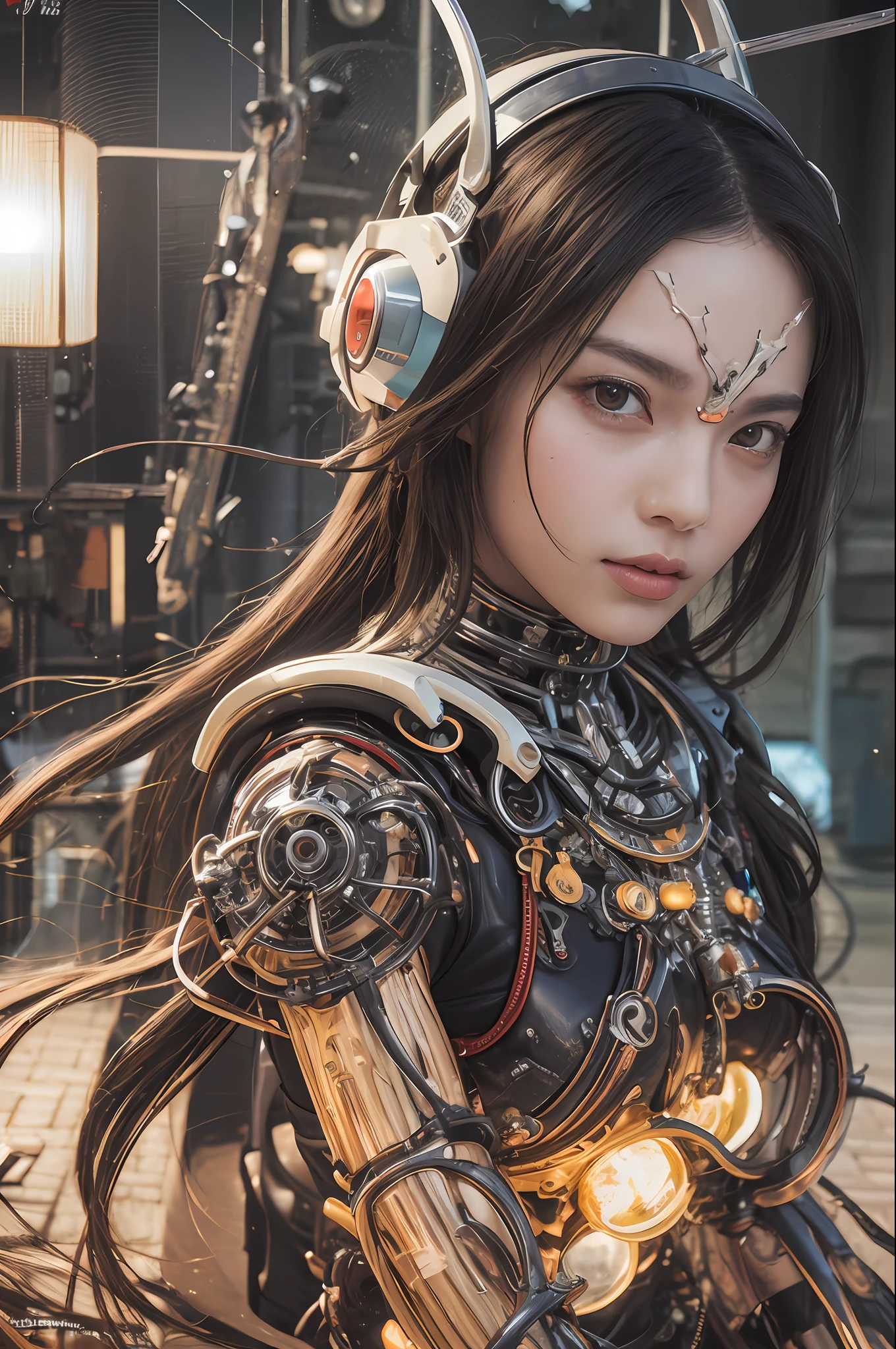 Top Quality, Masterpiece, Ultra High Resolution, (Photorealistic: 1.4), Raw Photo, 1 Asian Girl, Black Hair, Glossy Skin, 1 Mechanical Girl, (Ultra Realistic Detail)), Portrait, Global Illumination, Shadows, Contrast, Octane Rendering, 8K, Ultra Sharp, Big, Cleavage Exposed Raw Skin, Metal, Intricate Ornament Details, Very intricate details, realistic light, CGSoation trend, facing the camera, neon details, mechanical limbs, blood vessels connected to the tube, mechanical vertebrae attached to the back, mechanical cervical attachment to the neck, sitting, wires and cables connecting to the head, gundam, small LED lamps.