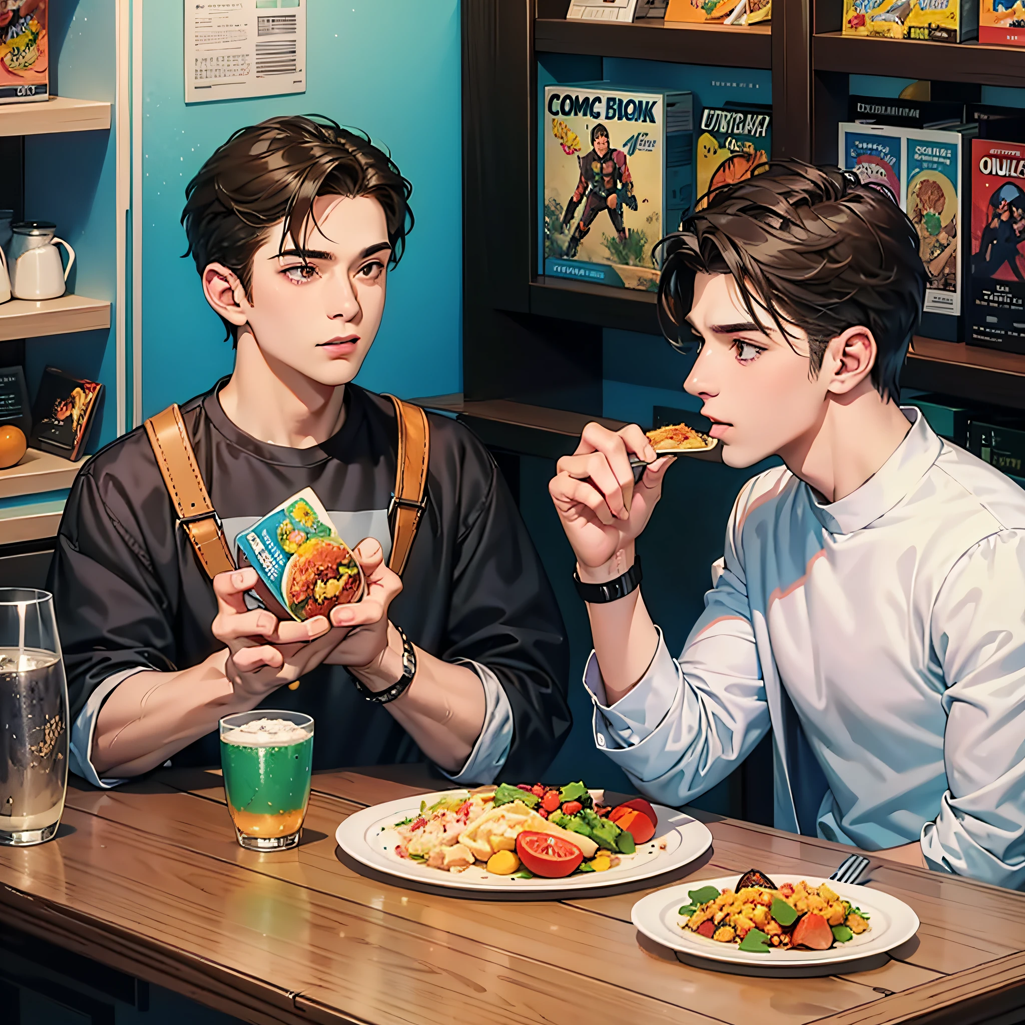 dois homens brasileiros comendo comida em uma mesa um de frente para o outro, comic book style illustration ,