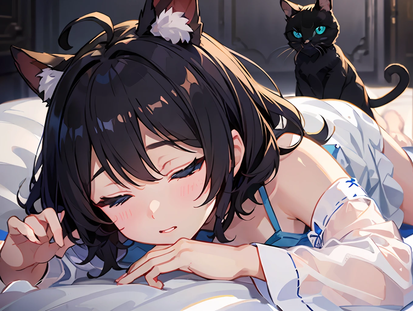 ((最好质量))、((巨作))、((ultra-definition))、(illutst)、(Fine light)、(Extremely delicate and beautiful)、(((独奏)))、a 1 girl、(((a beautifulchi girl) )))、((Best Quality, High_resolution, Distinct_image)),(Black hair), (Black cat ears), (Ahoge), (absurdly short hair), (Wavy hair), (Blue Eyes),Lying down、Background bed、s Pajamas、Closed eyes、