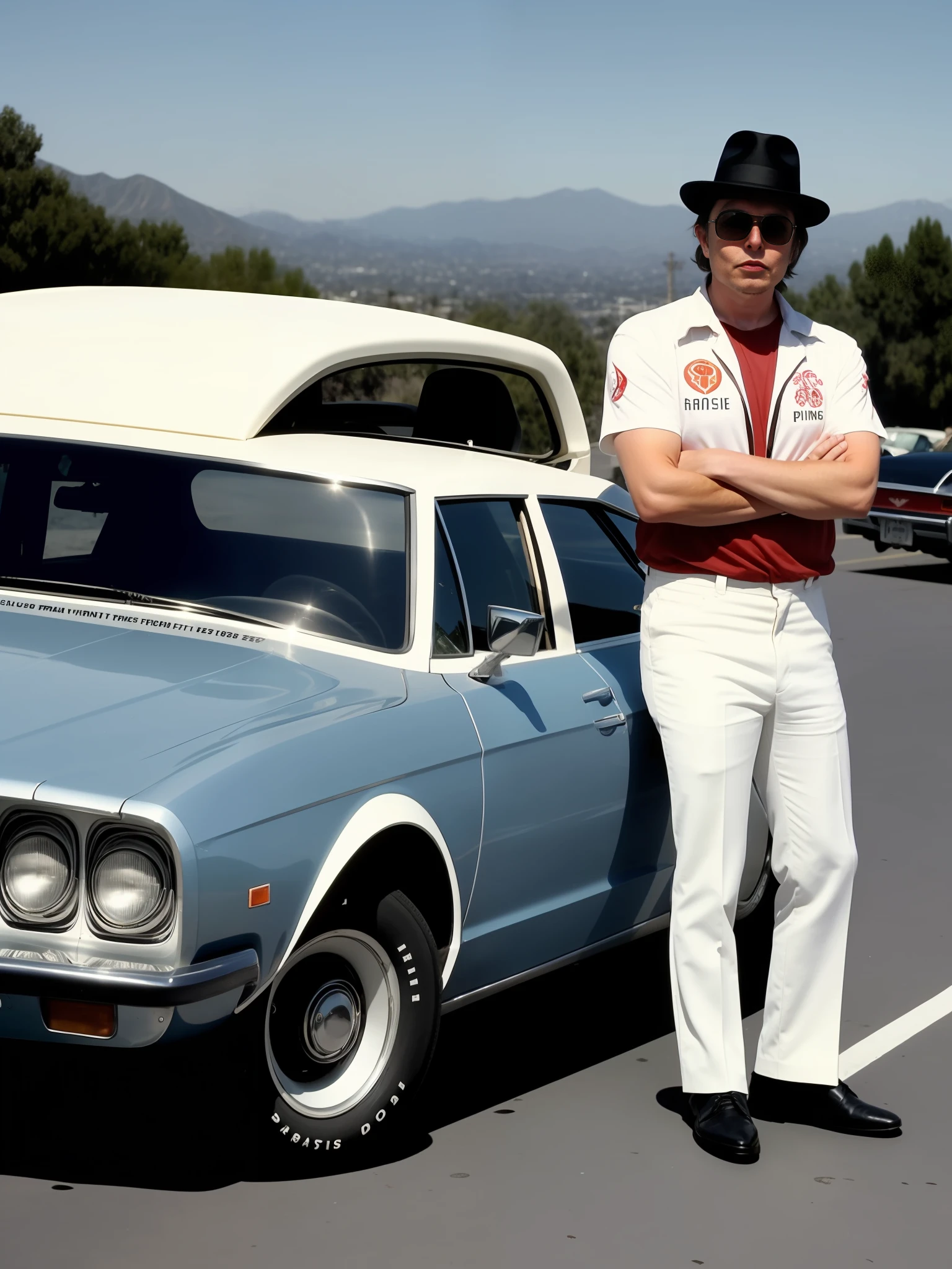 elon musk in the 1970s as pimp in san fernando valley, leaning against his car, wearing a fancy dress with hat, movie shot