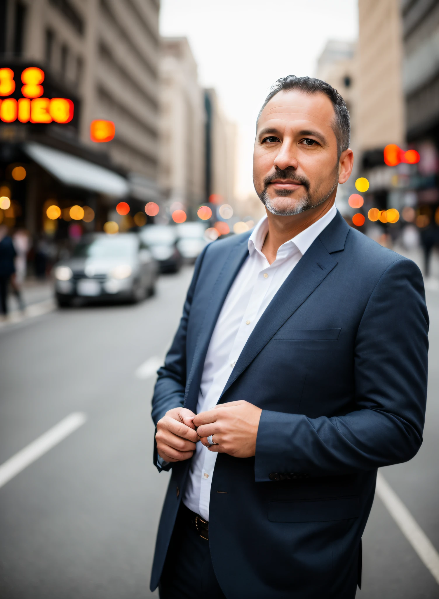 Photo RAW, 43-year-old male, seduction coach, well-dressed, on the street, (high-precision skin: 1.2), 8k uhd, DSLR, soft lighting, high quality, film grain, Fujifilm XT3