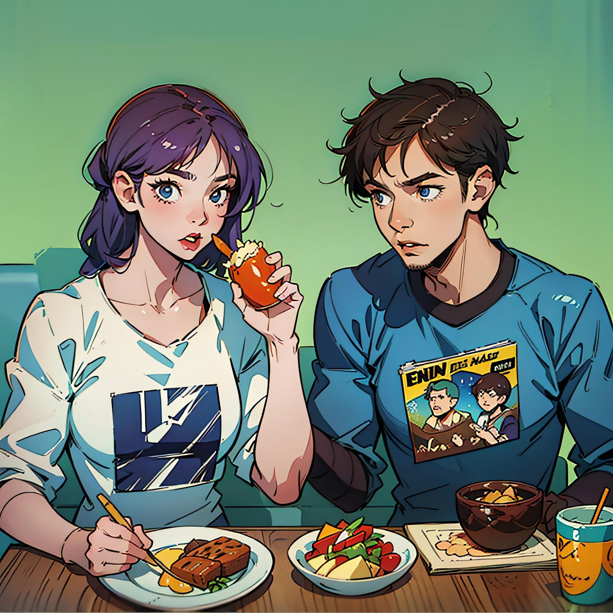 dois  homens  de 20 anos  com roupas casuais comendo comida em uma mesa um de frente para o outro, comic book style illustration , hands in high quality