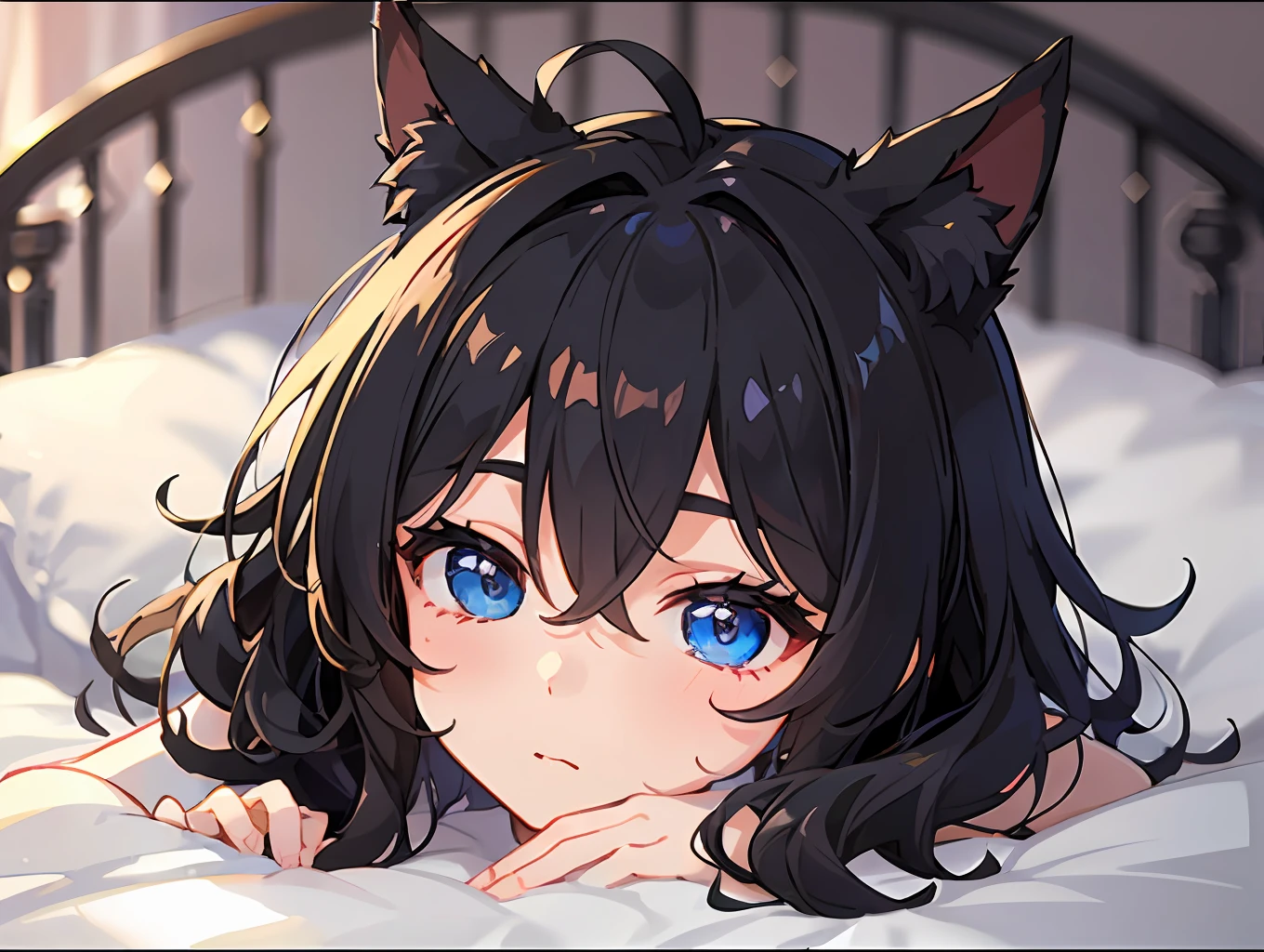 ((最好质量))、((巨作))、((ultra-definition))、(illutst)、(Fine light)、(Extremely delicate and beautiful)、(((独奏)))、a 1 girl、(((a beautifulchi girl) )))、((Best Quality, High_resolution, Distinct_image)),(Black hair), (Black cat ears), (Ahoge), (absurdly short hair), (Wavy hair), (Blue Eyes),Lying down、Background bed、s Pajamas、Closed eyes、