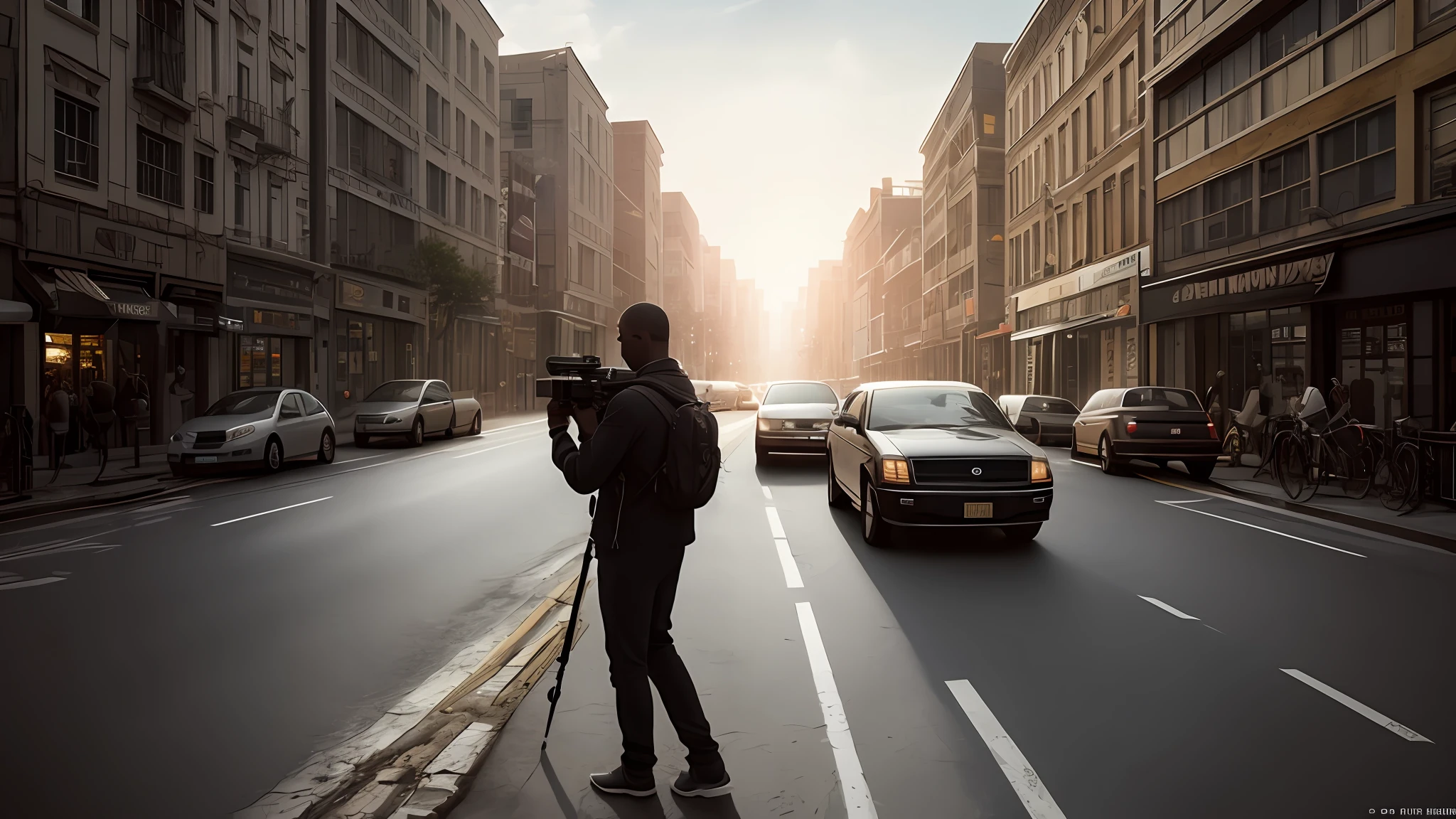 Black-skinned male photographer shooting in chaotic city 8k, highes definition, rosto detalhado, rosto detalhado, olhos detalhados, terno detalhado, estilo hiper-realista, + Filmagem + dynamic compositing, incrivelmente detalhado, perspicacity, detalhes + detalhes soberbos + noite com luz + perfeccionismo + Realismo premiado ((gentle illumination)) 8k, highes definition, rosto detalhado, rosto detalhado, e CDs, Hyper-realistic Gesaffelstein's chase style, fotorrealista, cinematiclighting, atmosfera escura , volume illumination, Action Pose, epic scene, muitos detalhes finos, estilo de filme, fotografia, texturas naturais, Luz Natural, desfoque natural | |, Rendering, render ray strokes, max quality, Maximum detail, cinematographic, efeito de desfoque, Long exposure , 8k, ultra-HD, Natural Daylighting, Moody Lighting, cinematiclighting, hiper-realista, Vibrando, 8k, detalhado, ultradetalhe