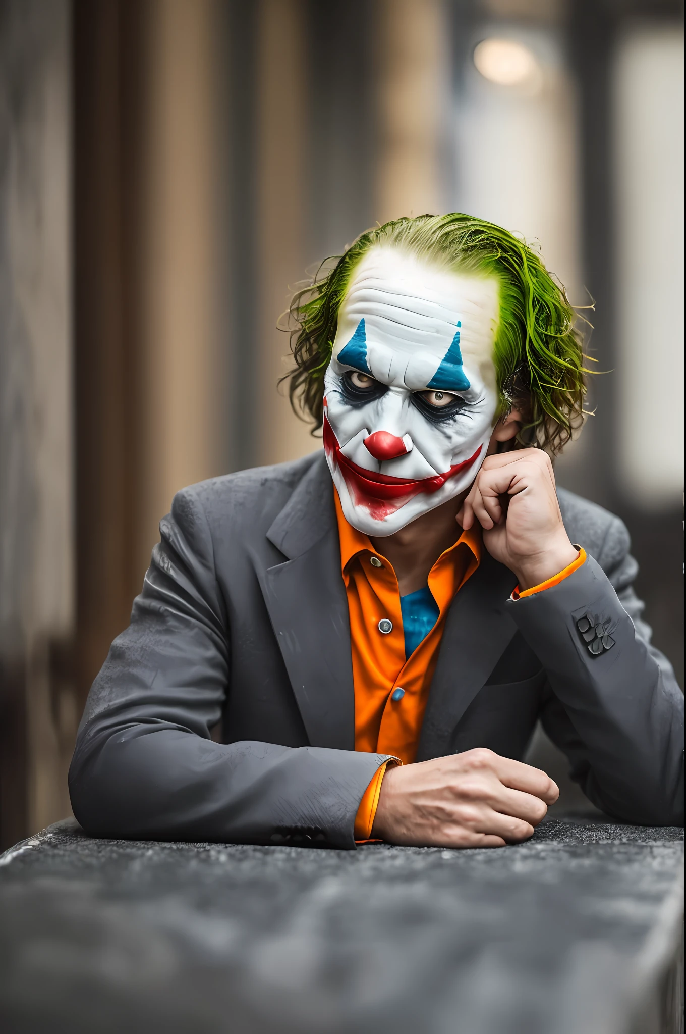 Un Joker terrorifico, \ (Joker 2019 \) ,epic, realista, desvanecido, colores neutros, ((((hdr)))), ((((colores apagados)))), escena intrincada, artstation, hiperdetallada, Cinematic shot, warm lights, dramatic light, detalles intrincados, vignette, fondo complejo, [[verde azulado y naranja]], slate gray atmosphere