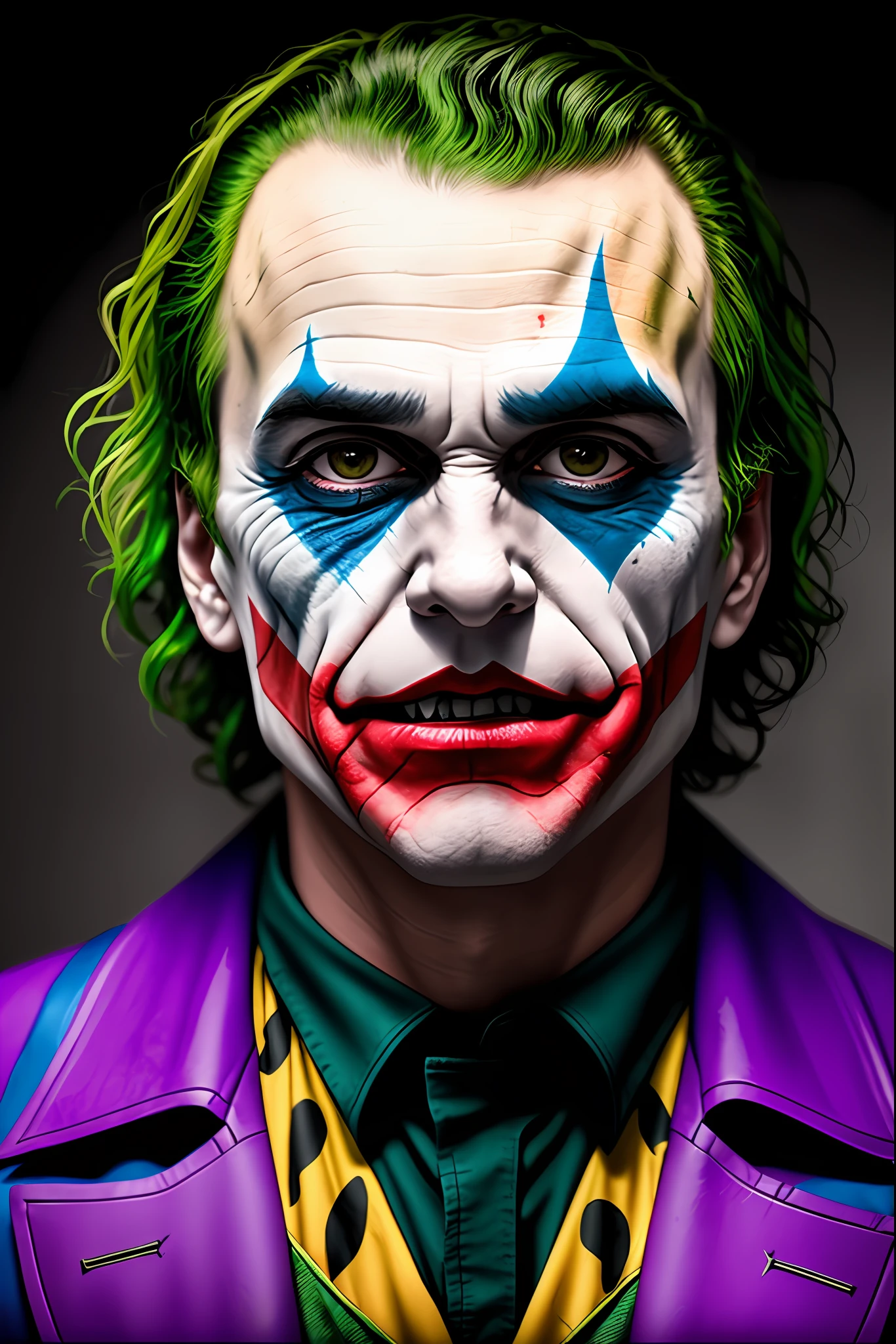 Un Joker terrorifico, \ (Joker 2019 \) ,epic, realista, desvanecido, colores neutros, ((((hdr)))), ((((colores apagados)))), escena intrincada, artstation, hiperdetallada, Cinematic shot, warm lights, dramatic light, detalles intrincados, vignette, fondo complejo, [[verde azulado y naranja]], slate gray atmosphere