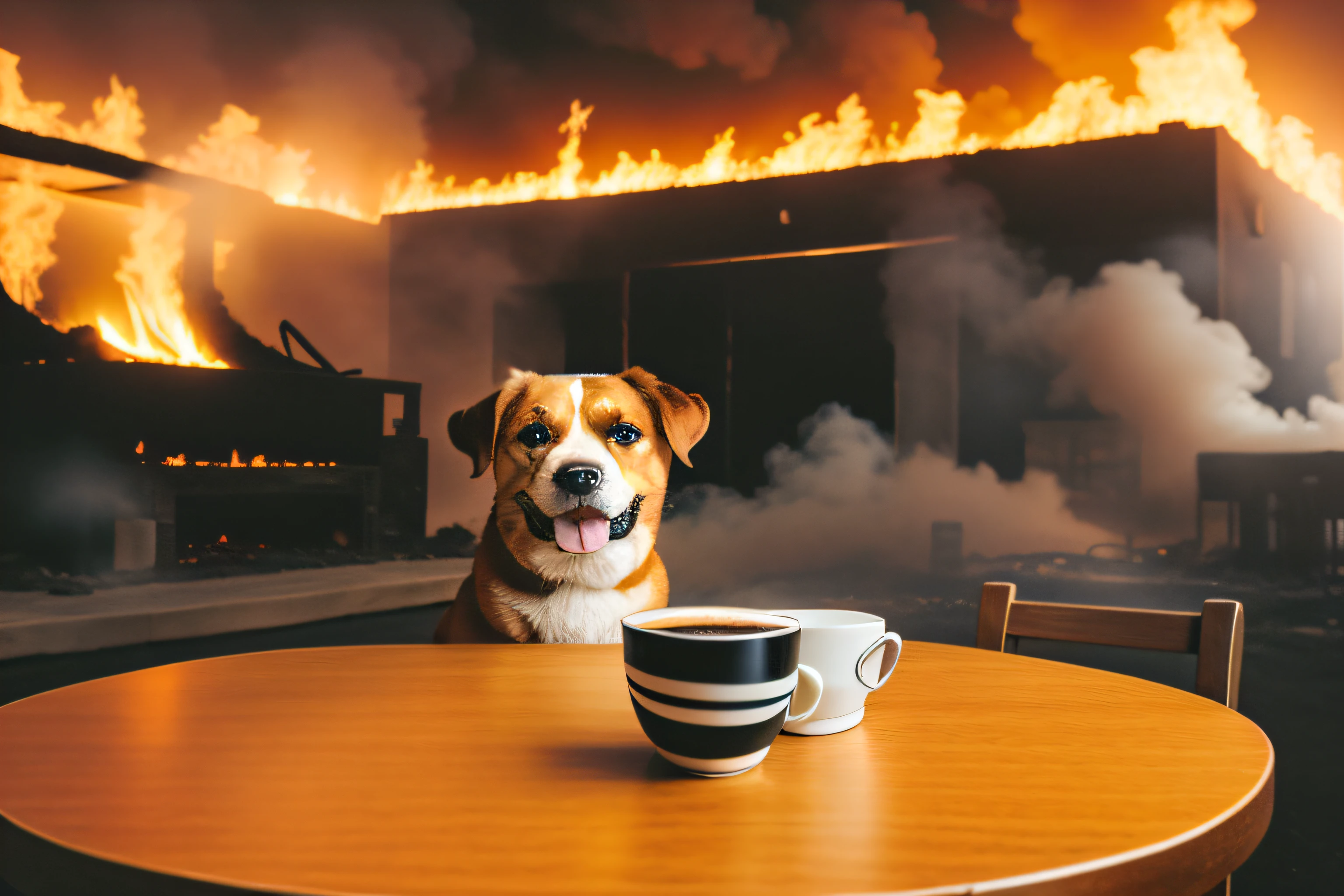 cross-eyed dog, sentado em uma cadeira, em uma casa em fogo enorme, uma mesa, cup of coffee on the table, grande angular, smoke up to the ceiling, ((obra-prima)), (absurdres:1.5), (meme:1.1), (cartoonish:1.1), (irrealista:1.3), (fun:1.1), drinking coffee