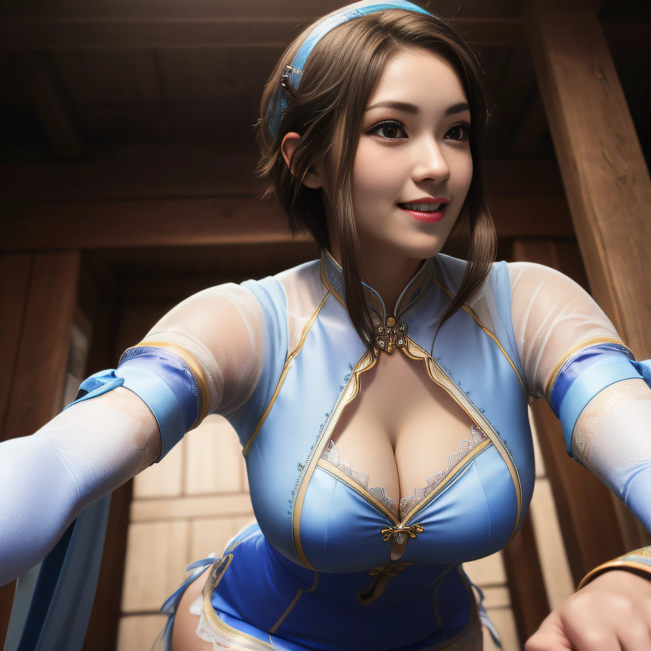 xianghua,brown eyes,short hair with long locks,lips,  brown hair,  solo, upper body,  cute,  smiling, low angle, from below, ass,  camel toe, blush,   ass view, 
xiaRobe, short blue dress  , tight blue thighhighs ,cleavage cutout ,hairband, detached sleeves ,jewelry, puffy sleeves, white panties,  sweat, 
lake, stars,  labyrinth, 
(insanely detailed, beautiful detailed face, masterpiece,beautiful detailed face eyes,  best quality), ((silk))