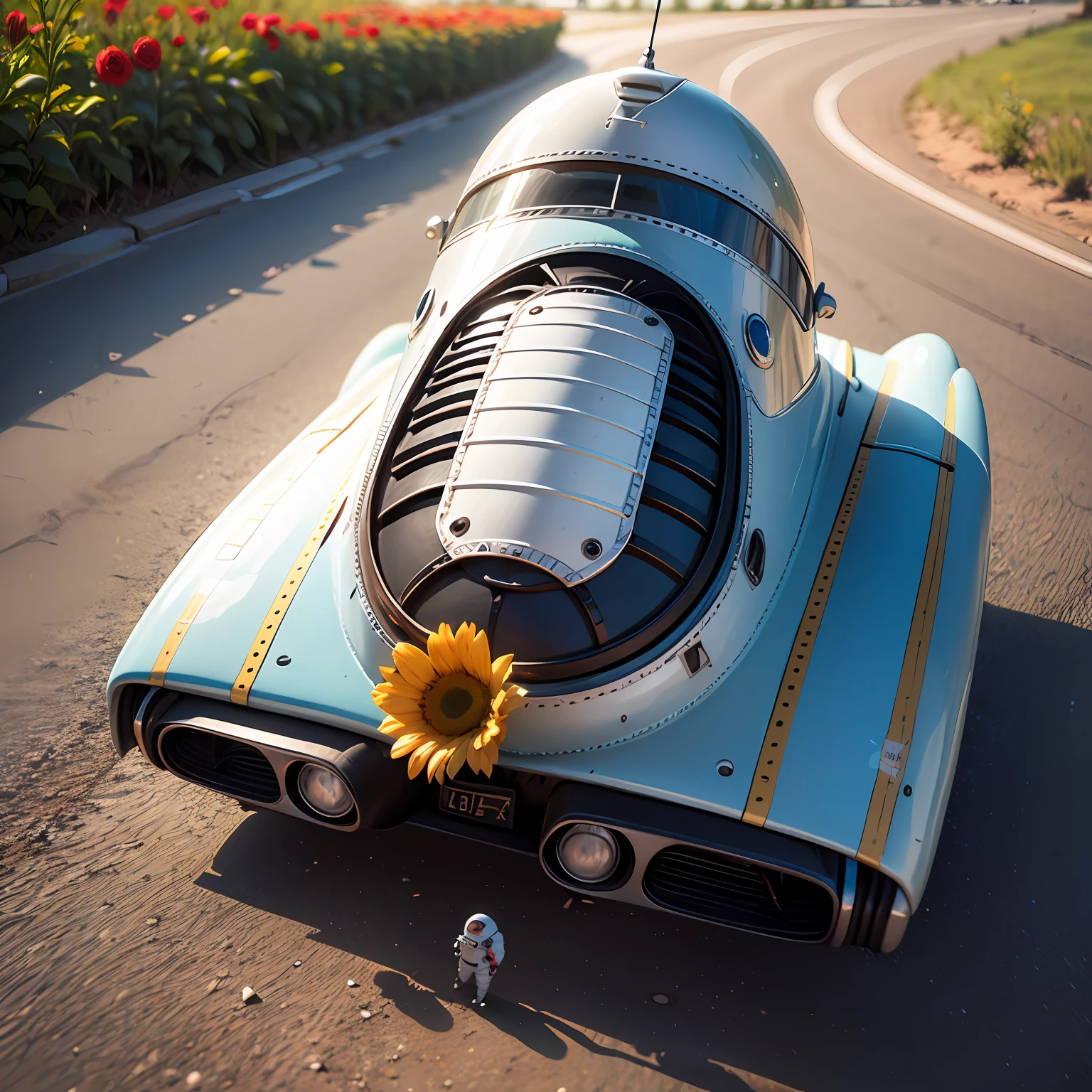 Astronaut with his small spaceship next to a deserted road plants a red flower on the ground of the deserted road. The day is sunny, imagem hiperrealista, nave e astronauta bem definidos, Accessories and well-defined details, in the background a blue sky with white clouds in 3D, tudo em 8k, High quality image resolution, Hyperrealism in fiction illustration, pintura fosca digital --auto