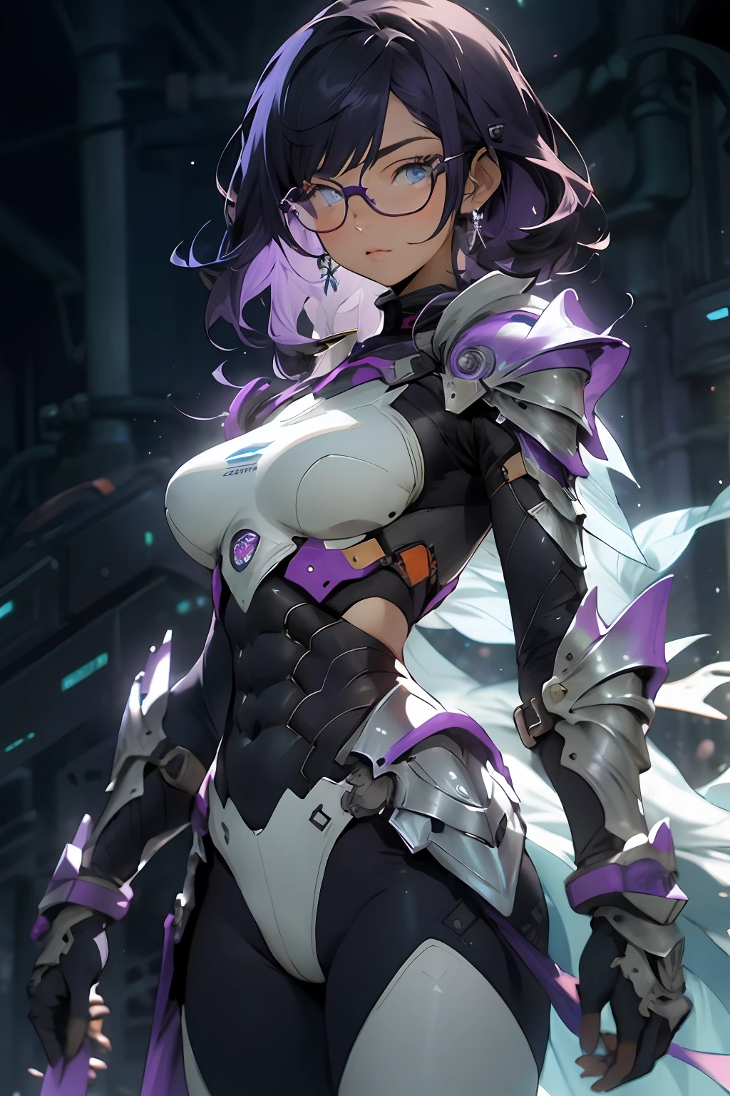 make realistic,(nmasterpiece,top Quority,optimal quality,offcial art,Beauty and aesthetics:1.2),Heavily detailed,s fractal art,Colorful,Most detailed,zentangle,(Abstract background:1.5)(1girls),Kamimei,eye glass,purple color hair,(length hair),(Glowing blue eyes),largebreasts,Abs,mistic,(enchanted),crystal,high leotard,sexly,machine armor,Huge weapons