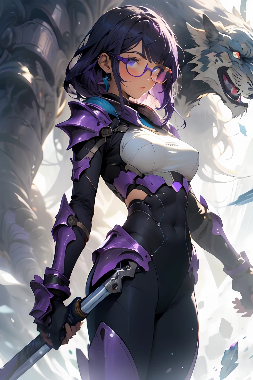 make realistic,(nmasterpiece,top Quority,optimal quality,offcial art,Beauty and aesthetics:1.2),Heavily detailed,s fractal art,Colorful,Most detailed,zentangle,(Abstract background:1.5)(1girls),Kamimei,eye glass,purple color hair,(length hair),(Glowing blue eyes),largebreasts,Abs,mistic,(enchanted),crystal,high leotard,sexly,machine armor,Huge weapons