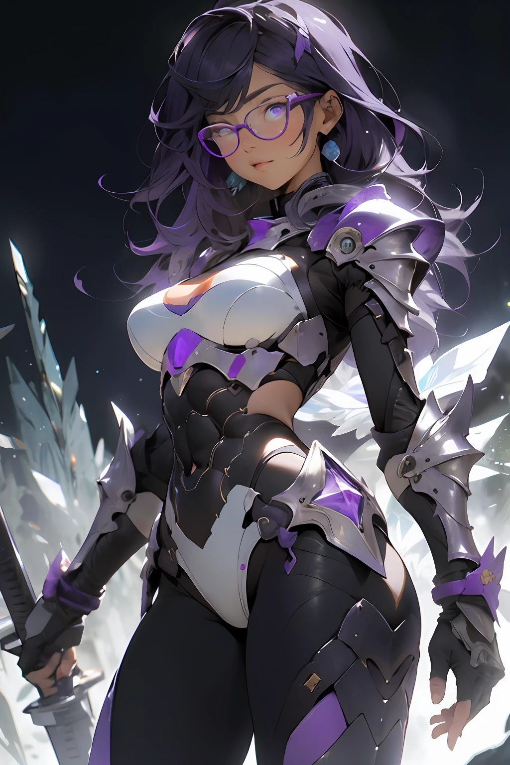 make realistic，（nmasterpiece，top Quority，optimal quality，offcial art，Beauty and aesthetics：1.2），Heavily detailed，s fractal art，Colorful，Most detailed，zentangle，（Abstract background：1.5）（1girls），Kamimei，eye glass，purple color  hair，（length hair），（Glowing blue eyes），largebreasts，Abs，mistic，(enchanted)，crystal，high leotard，sexly，machine armor，Huge weapons
