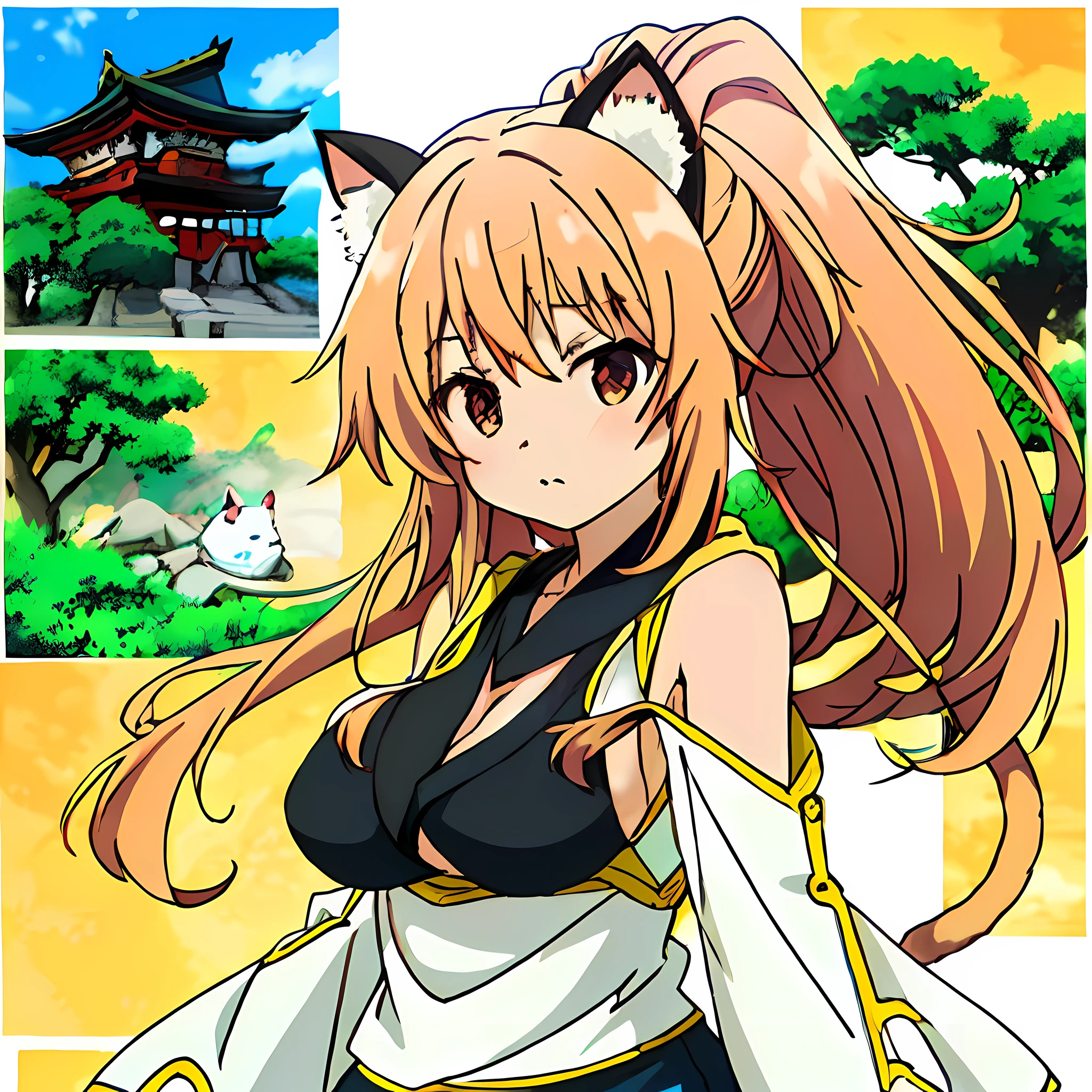 (ultra hyper-detailed、Hi-Def、Kyoto Animation Style Anime Illustration、Top Quality Official Art Feature:1.6)、、Detailed beautiful face and eyes、Highly detailed body、Nice hands with very detailed hair、perfect hand、beautifull hands、(1girl in:1.4)、(Chibi:0.8)、(kawaii:1.2)、(a cute:1.2)、(boobs loli:0.5)、1 girl、Cat's ears、(big tit、Beautiful breasts、cleavage looks bigger、Brown-haired、Semi-long hair with trimmed hair、 long sleeves:1.5)、(Dynamic angles、Looking at the camera、Upper body body、Ninja bandana,Black Ninja Jacket,Ninja pants,Ready with bitterness、Character Focus:1.2)、(deadpan, 12year old、Brown-haired, High Ponytail、Cat's ears、Aqua Eye、Slender Girl:1.2)、break、Ninja covered building,Ninja Garden,Ninja dwelling,Mountains and forests background,