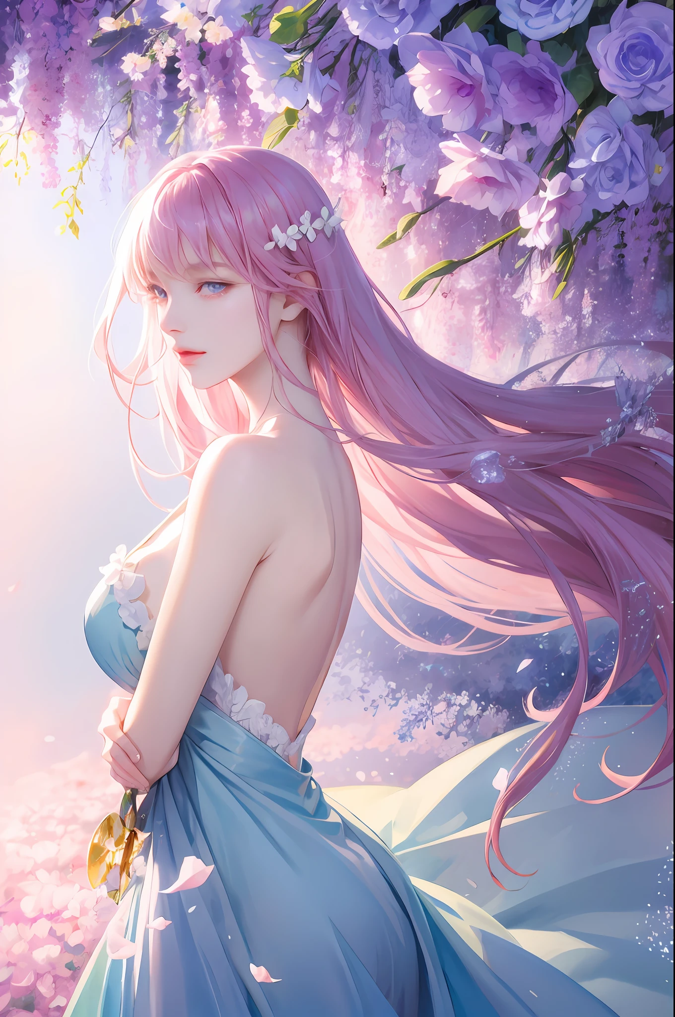 anime girl with long pink hair and blue dress standing in front of a tree, (assustada) anime de fantasia bonito, anime fantasy illustration, anime bonita, Anime Art Wallpaper 4K, Anime Art Wallpaper 4K, arte de anime digital detalhada, Anime Art Wallpaper 8K, mulher bonita do anime, bela arte de anime, bela arte de anime, estilo anime 4K, Anime bonito, arte de fantasia de anime