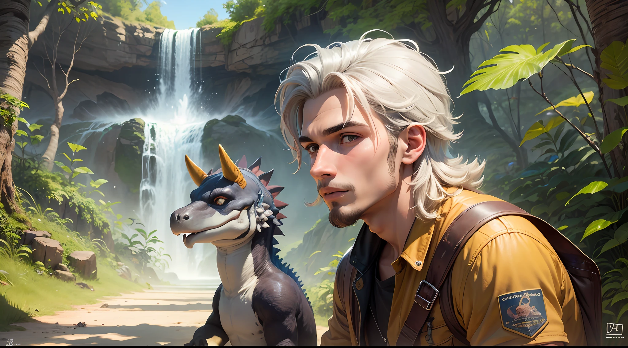 Um de 5 anos explorador, moreno, de cabelos castanho, junto com seu amigo dinossauro. - --auto --s2