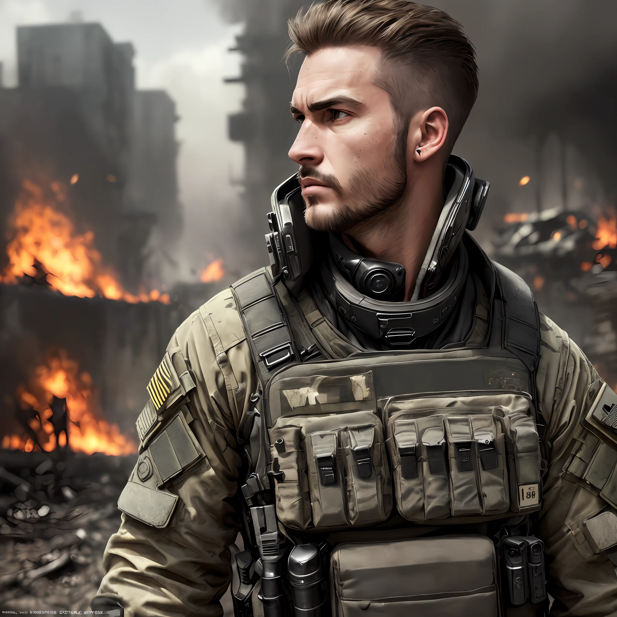 a full body shot, ((candid shot)), special ops, soldier, ((short hair)), call of duty, high end tech, ((detailed face)), (((man, strong features, determined look, dystopia, scruff, masculine))), (((sharp jawline))), ((facial hair)), HDR, hyper realistic, wrinkles, fit body, insanely detailed, complex background, fire, dirty