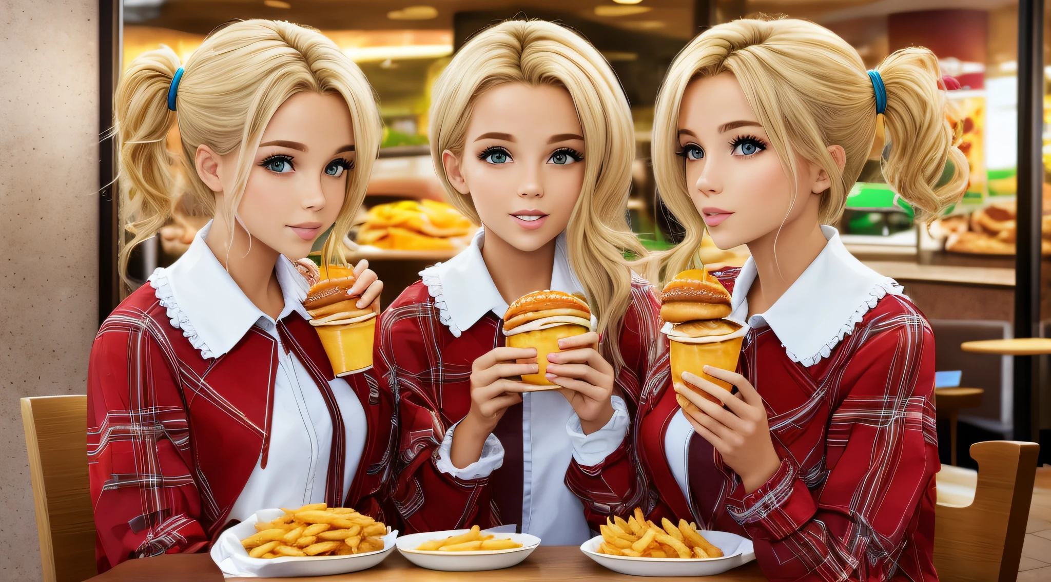 Blond-haired triplets, jaquetas de couro E ROUPAS DE PRATA, EM UM MAC DONALDS COMENDO HAMBURGER E BATATAS FRITAS.