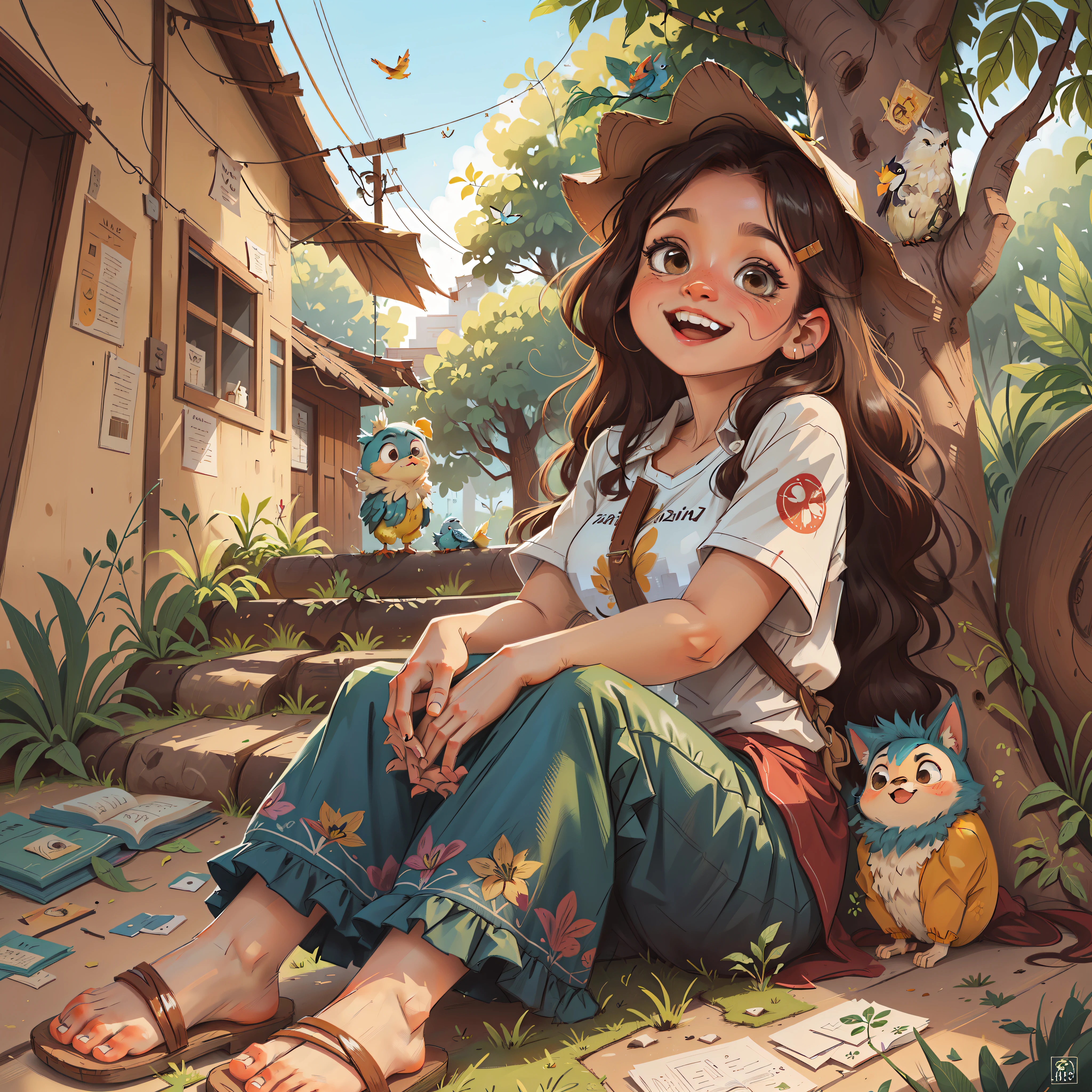 Mariazinha, uma jovem curiosa, Linda, sorriso cativante e corajosa, roupa de camponesa, camisa branca, leather sandals on the feet, saia marron escuro desgastada , olhos castanho,Sitting in the shade of a leafy mango tree, Mariazinha and Chico listened carefully to the stories of the elders, senhores de idade, sentados debaixo de uma mangueira.  . A beautiful friendly blue and red bird, perfeito,que morava em uma pequena cidades. She loved hearing the stories told by her elders,