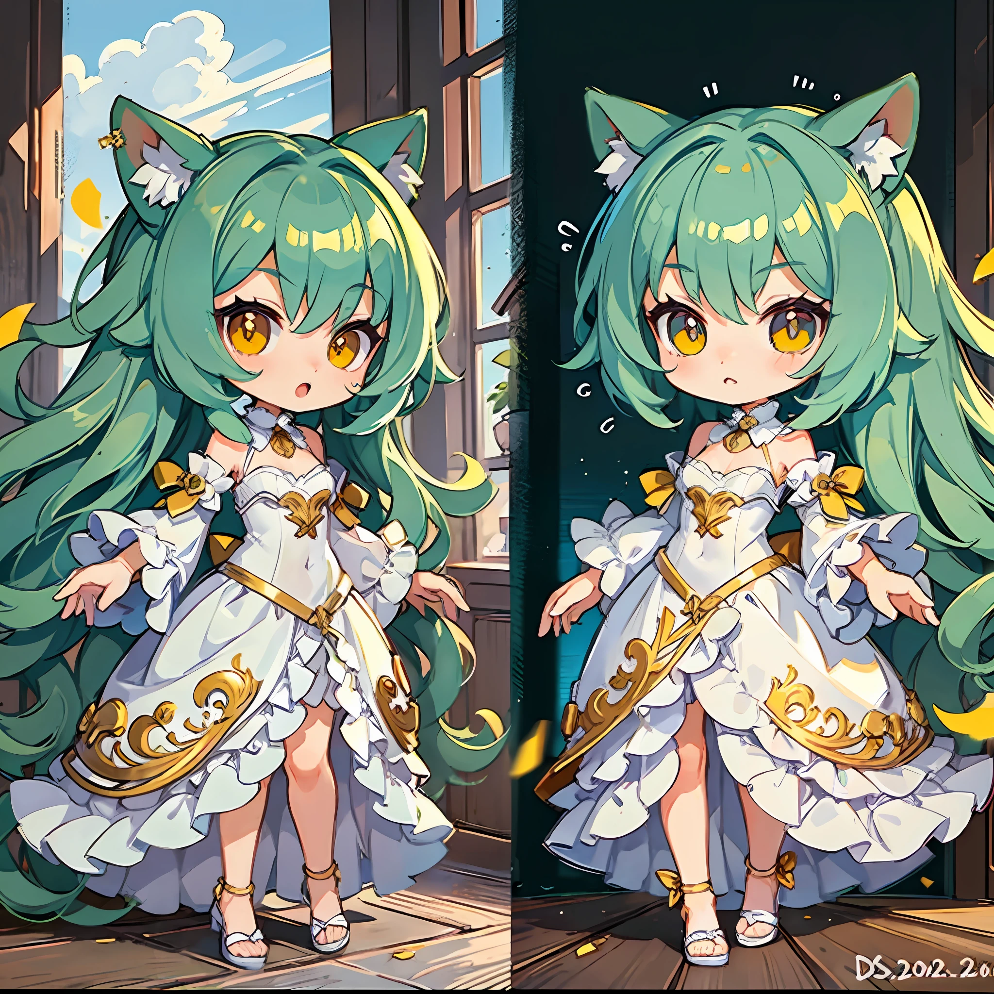 ((Chibi character)), Sticker,  ((Best quality)), ((masterpiece)), (detailed: 1.4), (Absurdres), 1girl, dramatic, cinematic lighting, sharp shadows, muted colors, mint green pastel outfit, soft smile, yellow feline eyes, gold hair golden and shiny with beautiful waves, wearing elegant modern bridal dress with lace, Lady pose, ((Fullbody,)) SD character, Chibi