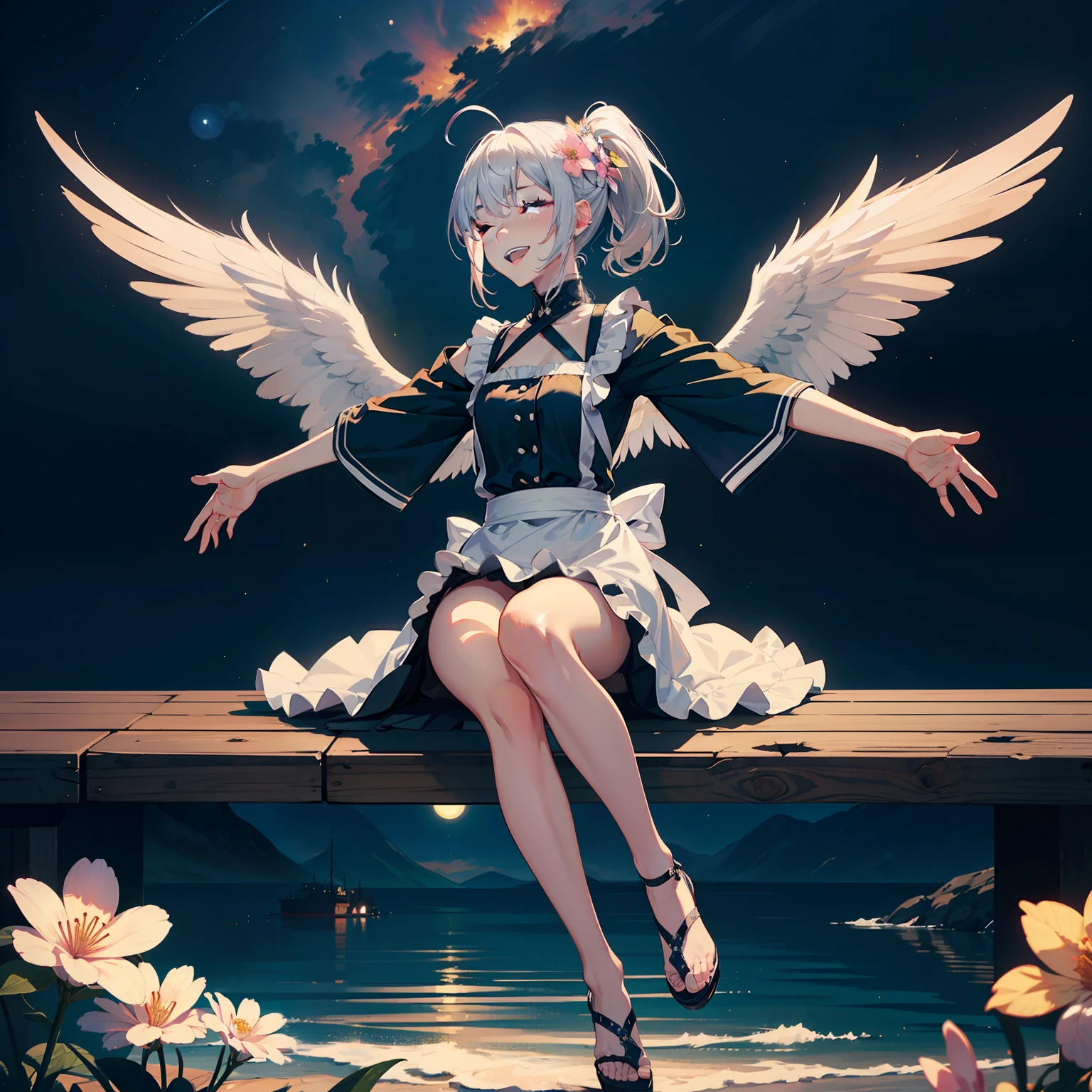 figure four sitting,(figure four sitting),(pov),(gradient background),(gohei),(anime screencap),(angel),(ahoge),(high ponytail),(Silver hair),(grin),(on side),(outstretched arm),(knees together),(light smile),(one eye closed),(chiffon dress),(hair flower),(flat_chest),,profile,full body,overall view,,starry sky,clusters of stars,photo (medium) ,white_hair/blonde_eyes,open mouth,looking at another,gill support,hand on own face,shushing,slim legs,expressionless,pettiskirt,{{{masterpiece}}},{extremely detailed CG unity 8k wallpaper},best quality,Amazing,finely detail,solo,cinematic lighting,close-up,{{floating hair}},{{Sakura}},outdoors,sky,{{wind}},detailed background,beautiful detailed eyes,,bright pupils,{{full body}}, dynamic pose,dynamic angle,looking at viewer,detailed clothes,,apron,