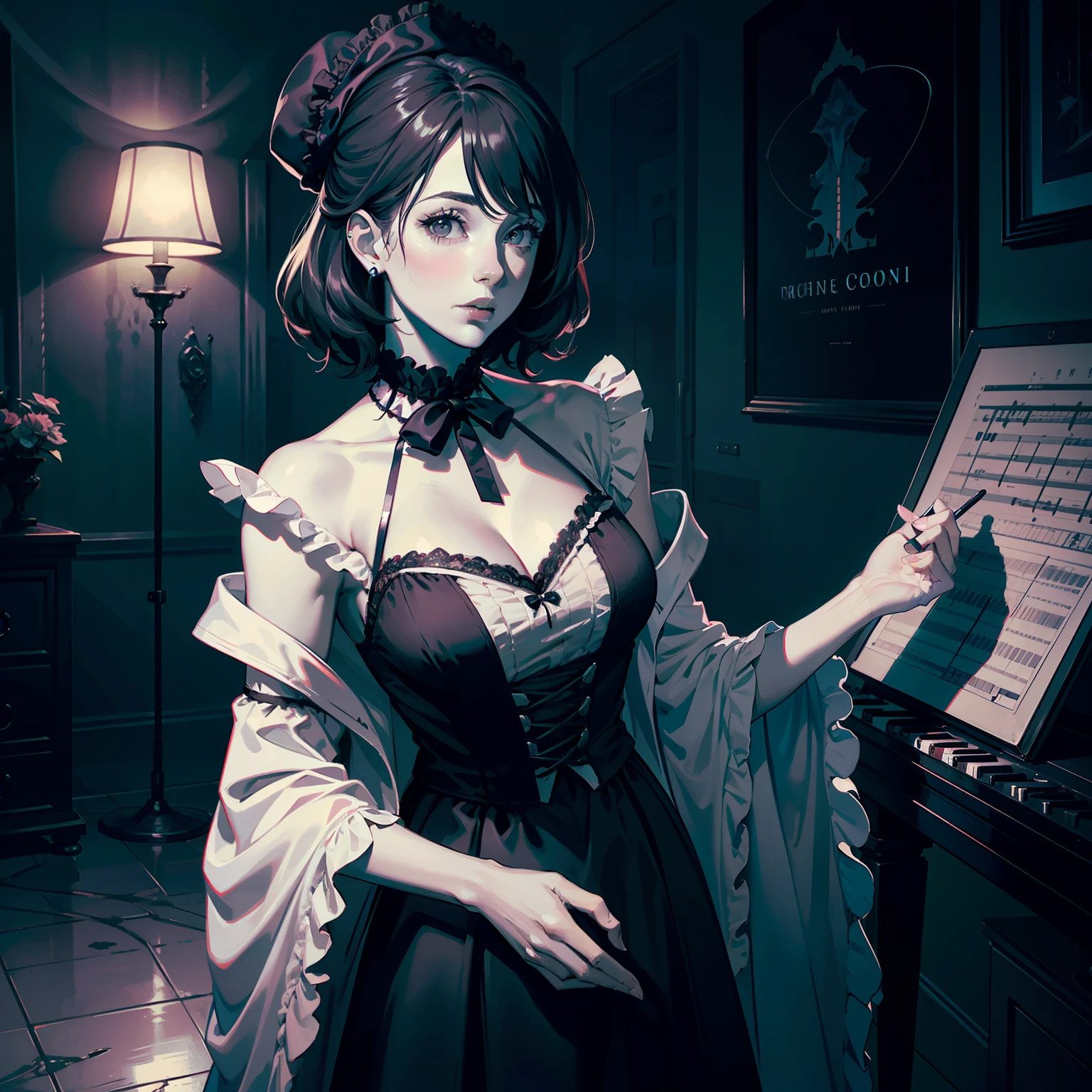 unparalleled masterpiece,ultra realistic 8k CG,perfect artwork, triadic colors, Darkcore, surreal design, Moonlight, Frilled tall Disco Era lacey chabert, Music teacher, wearing robe designed by Bugatti, Unconventional hair, Grim, Dark hue, Grayscale