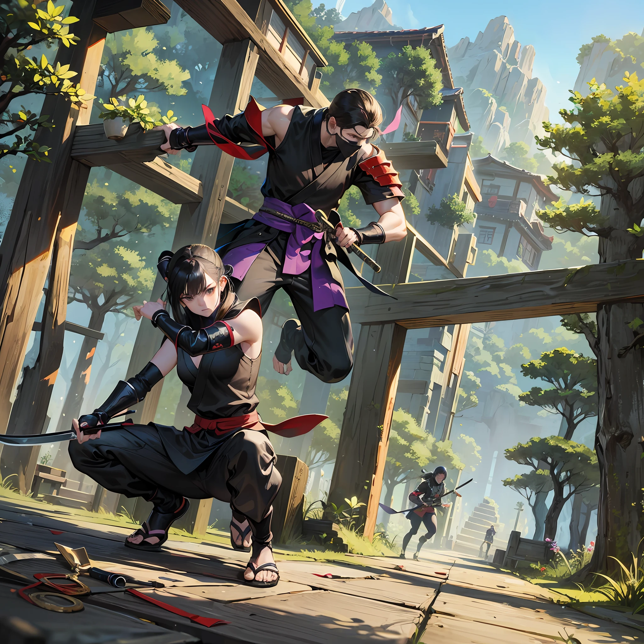 Items: Ninja Sword, shuriken, Kunoichi Costume Location: Hidden villages and training grounds Status: Engage in diligent training Thematic style: Action and mysterious world of ninjas,break、Ninja covered building,Ninja Garden,Ninja dwelling,Mountains and forests background, --auto