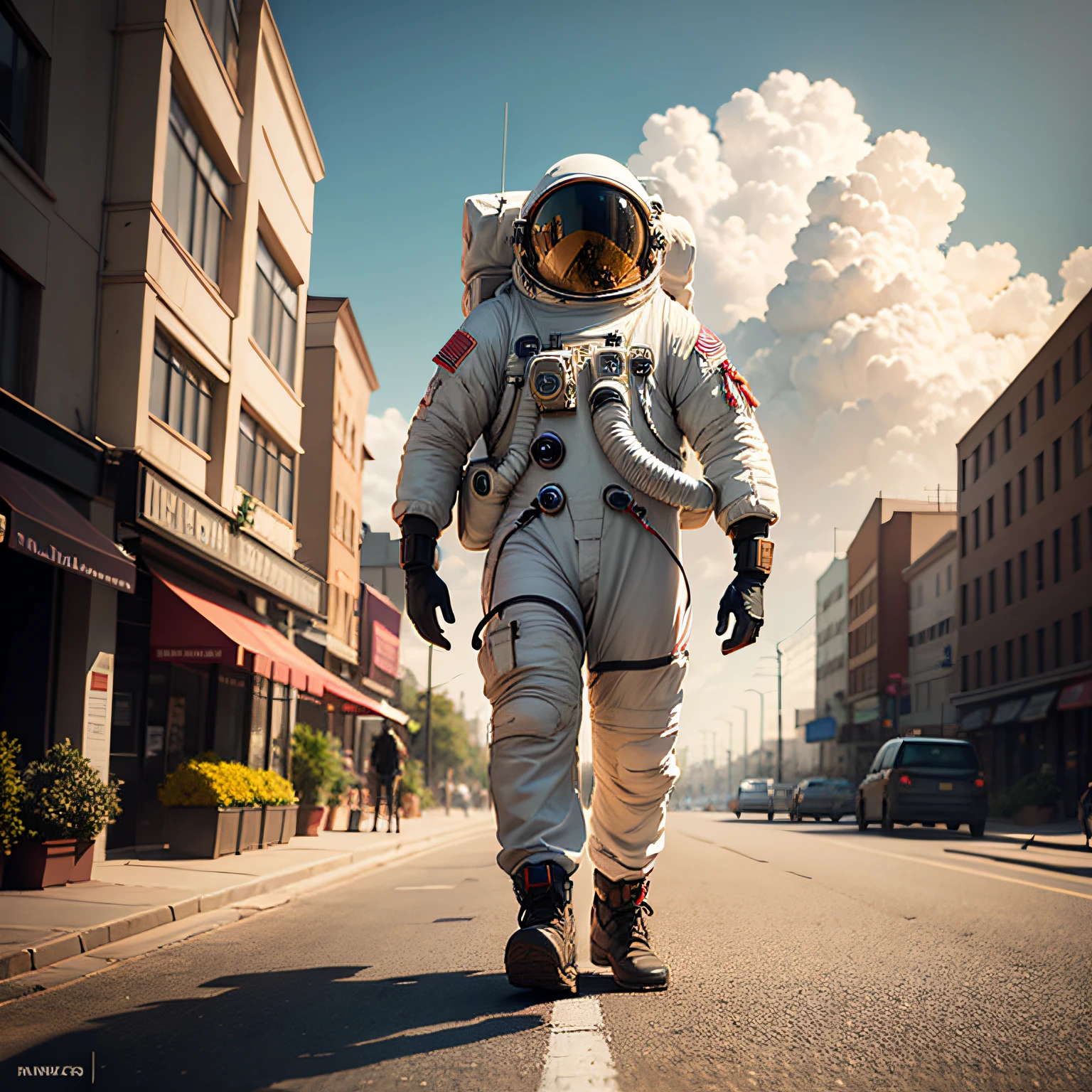 Astronaut with his spacecraft standing next to a road looks at a red flower on the deserted road. The day is sunny, imagem hiperrealista, astronauta bem definidos, Accessories, corpo, headpe, Hands, e detalhes bem definidos, in the background a blue sky with white clouds in 3D, tudo em 8k, High quality image resolution, Hyperrealism in fiction illustration, matte painting digital --auto