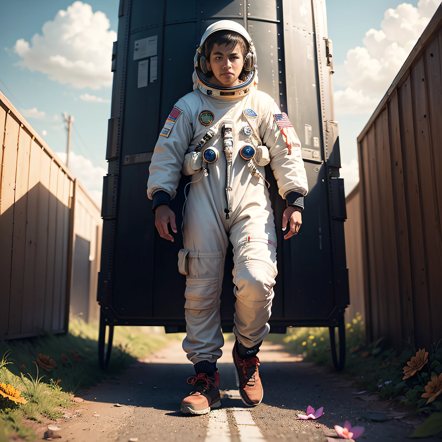 Astronaut with his spacecraft standing next to a road looks at a red flower on the deserted road. The day is sunny, imagem hiperrealista, astronauta bem definidos, Accessories, corpo, headpe, Hands, e detalhes bem definidos, in the background a blue sky with white clouds in 3D, tudo em 8k, High quality image resolution, Hyperrealism in fiction illustration, matte painting digital --auto
