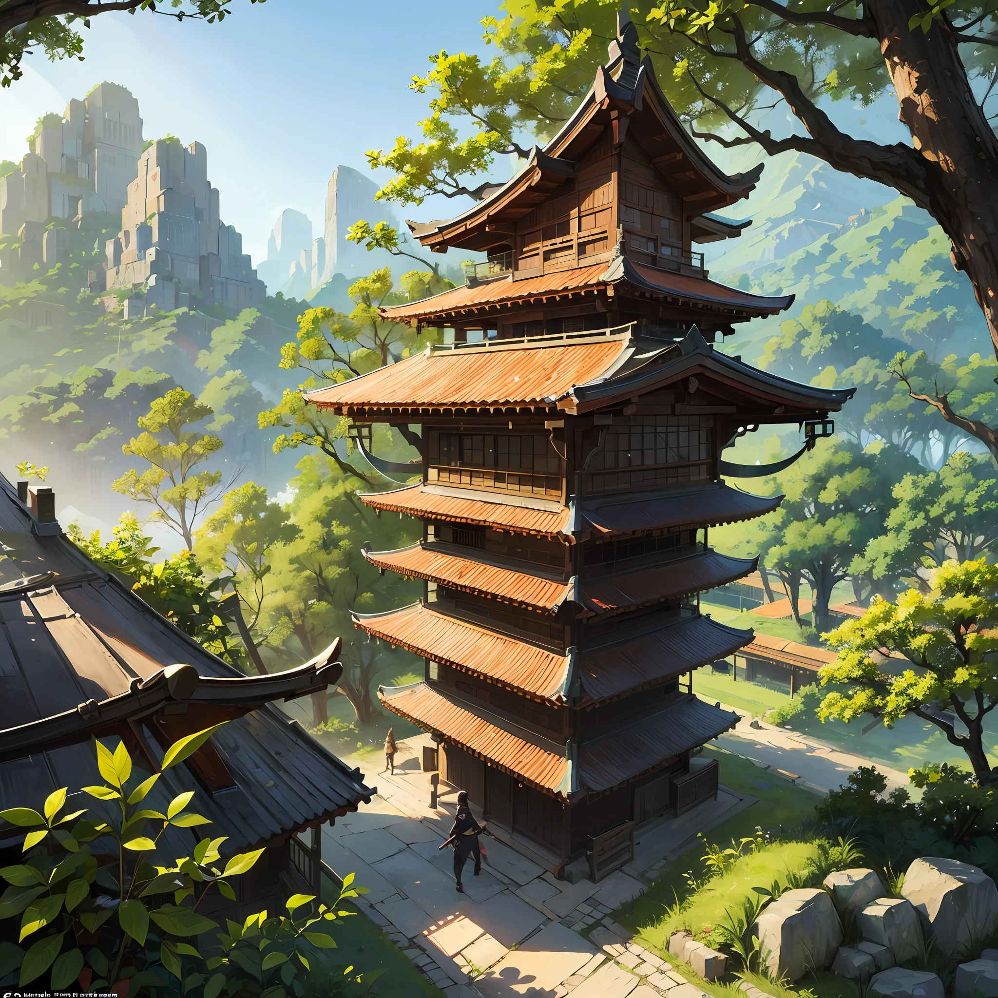Items: Ninja Sword, shuriken, Kunoichi Costume Location: Hidden villages and training grounds Status: Engage in diligent training Thematic style: Action and mysterious world of ninjas,break、Ninja covered building,Ninja Garden,Ninja dwelling,Mountains and forests background, --auto
