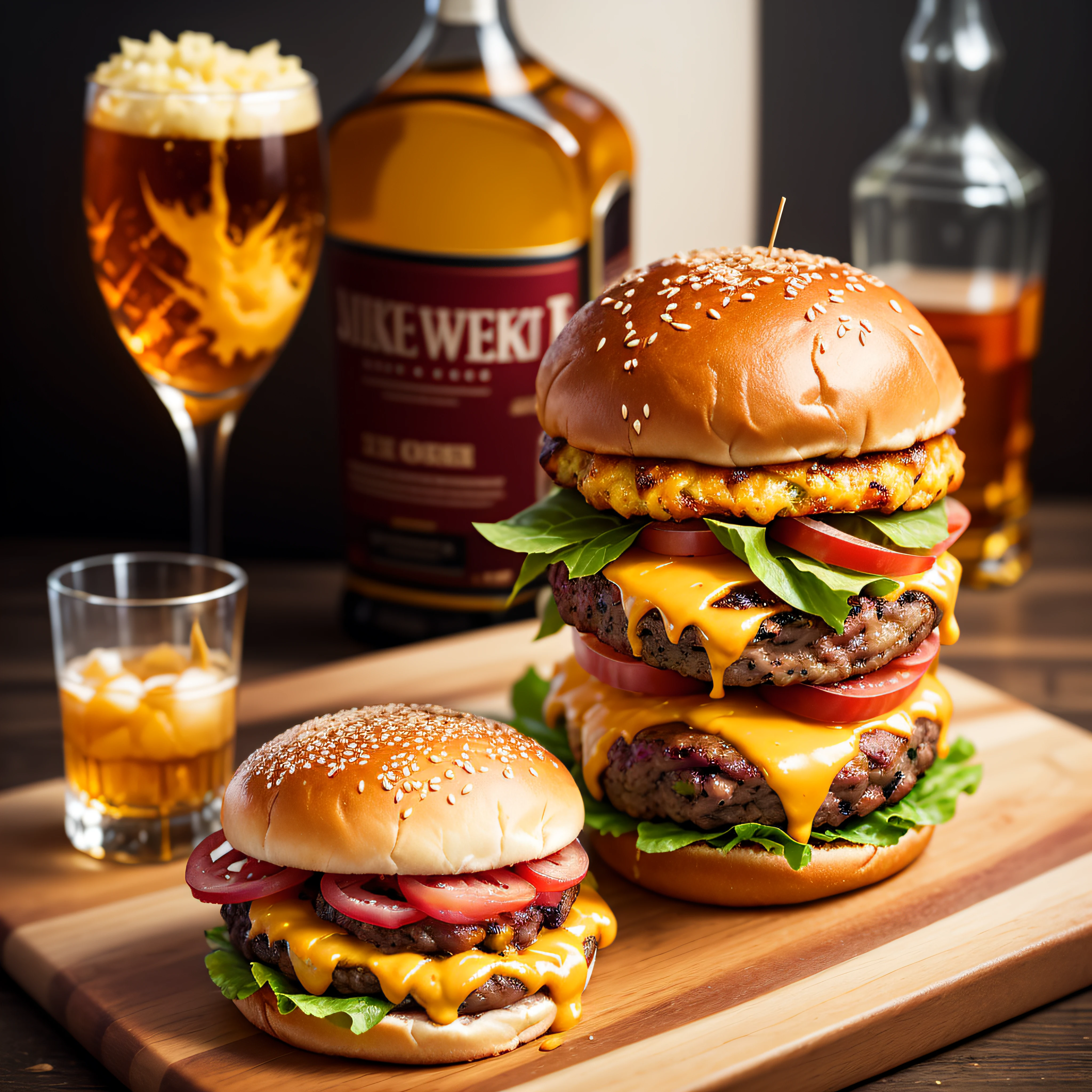 a delicious triple meat burger with bacon and yellow cheese, accompanied with a glass of whiskey on the rocks --auto