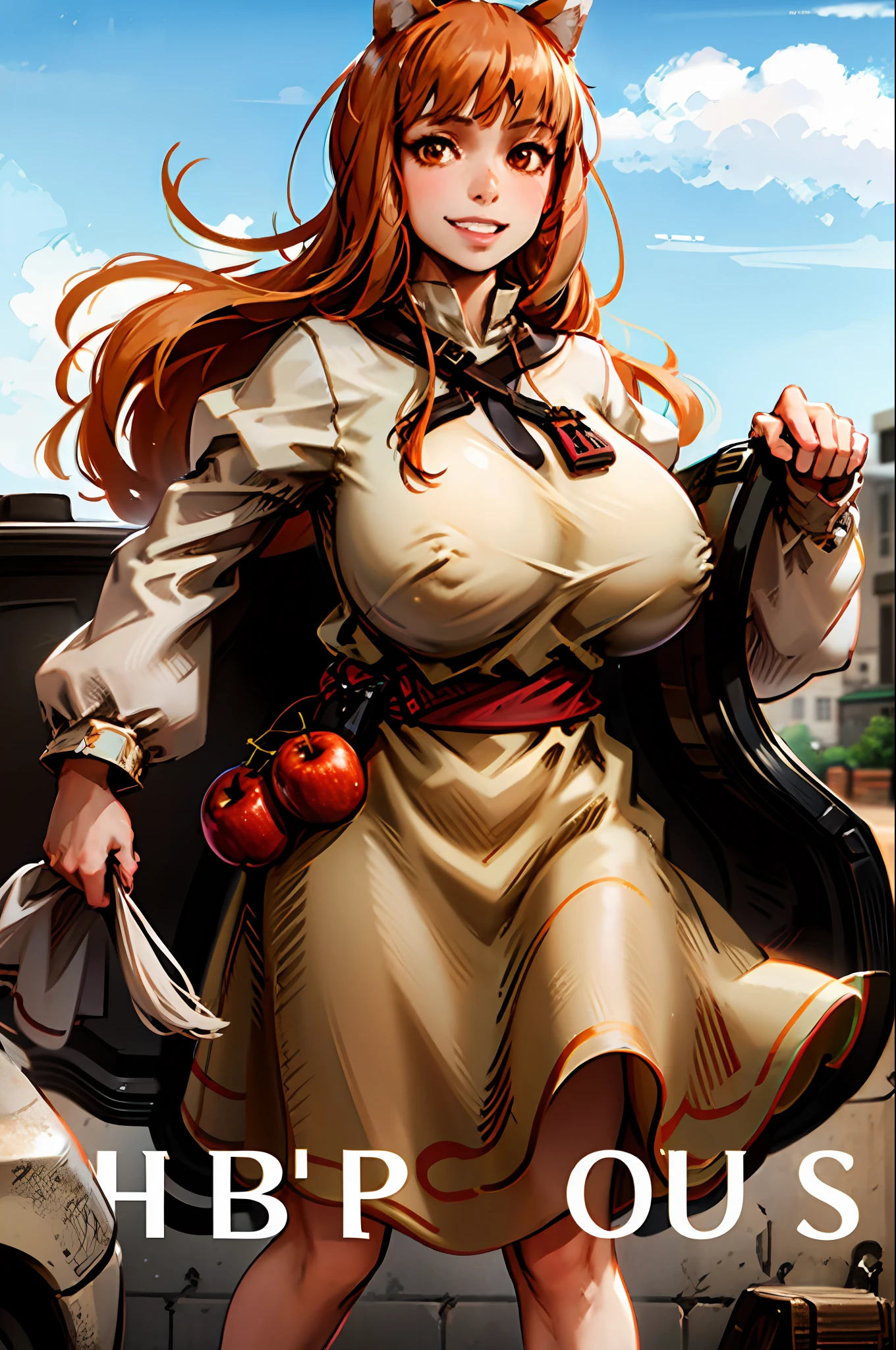 (holo:1.5), (holoBrownDress:1.5), masterpiece, best quality, absurdres, 1girl, looking at viewer, standing, cowboy shot, outdoors, medieval, cobblestone street, town, pouch, sash, smile, fruit, apple, basket,huge breast, curvy