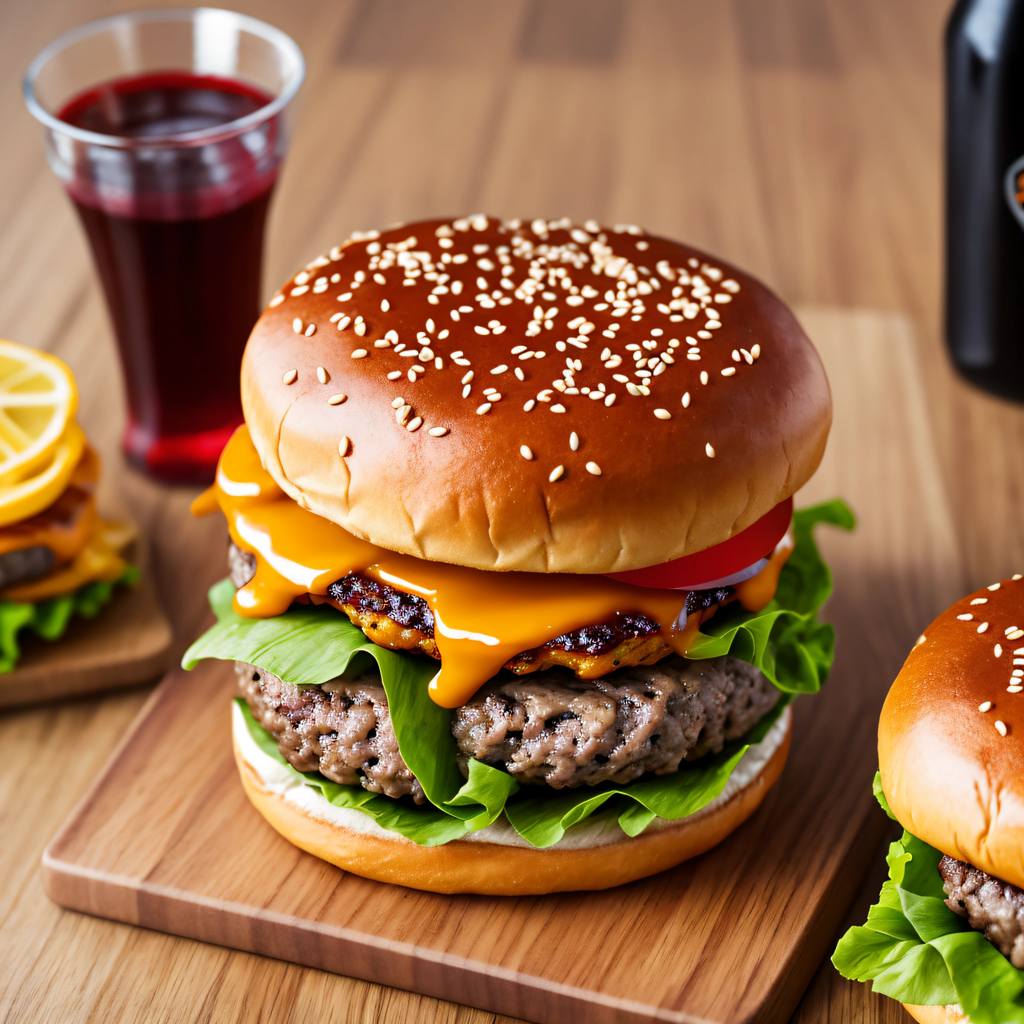 a delicious triple meat burger with bacon and yellow cheese, accompanied with a glass of whiskey on the rocks --auto