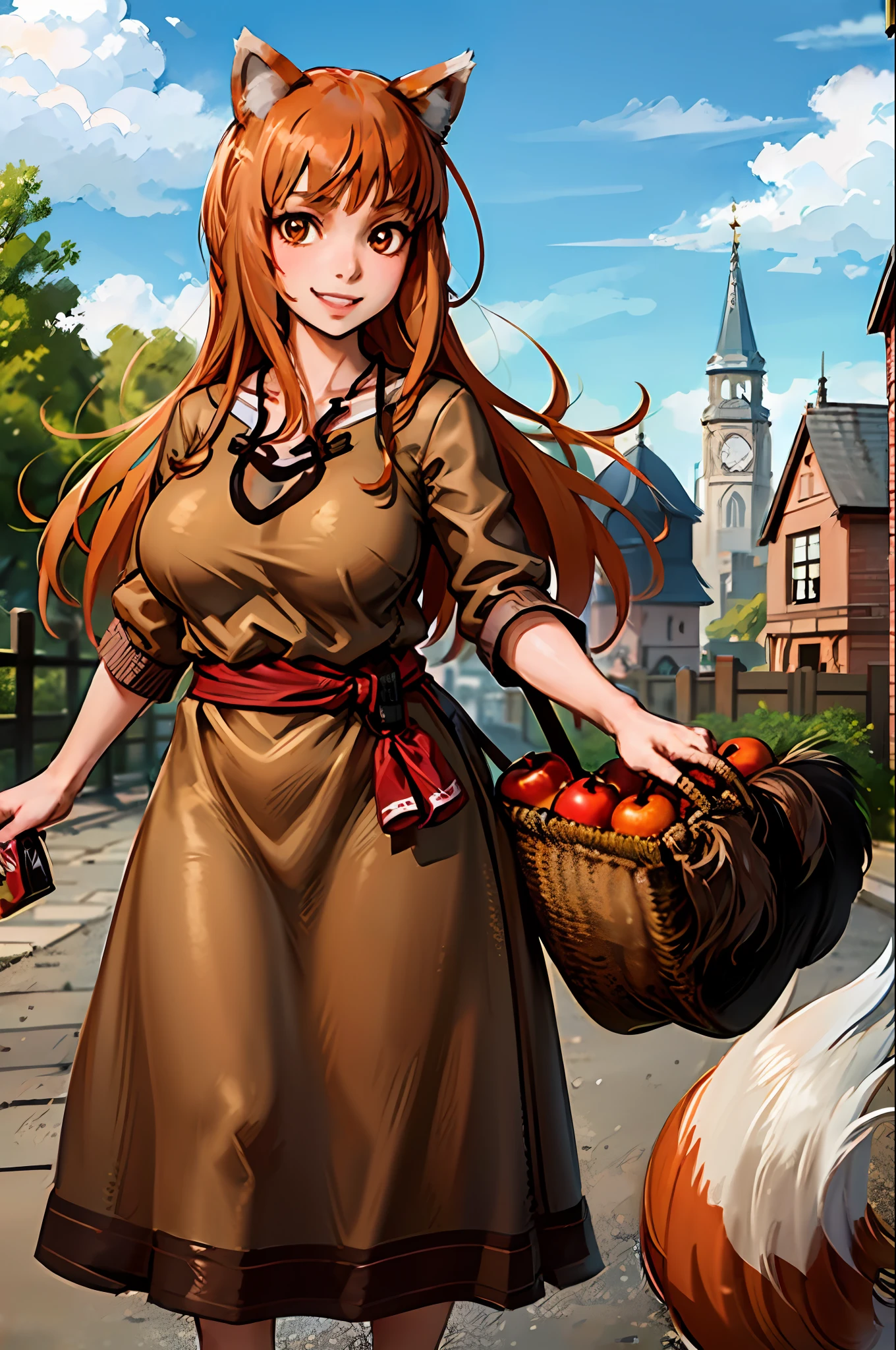 (holo:1.5), (holoBrownDress:1.5), masterpiece, best quality, absurdres, 1girl, looking at viewer, standing, cowboy shot, outdoors, medieval, cobblestone street, town, pouch, sash, smile, fruit, apple, basket,huge breast, curvy